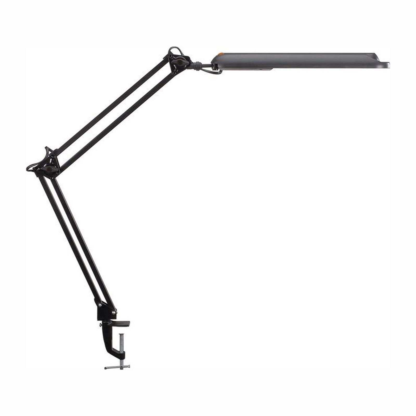 Eine schwarze Gelenk-Schreibtischlampe mit rechteckigem Licht, vor weißem Hintergrund.