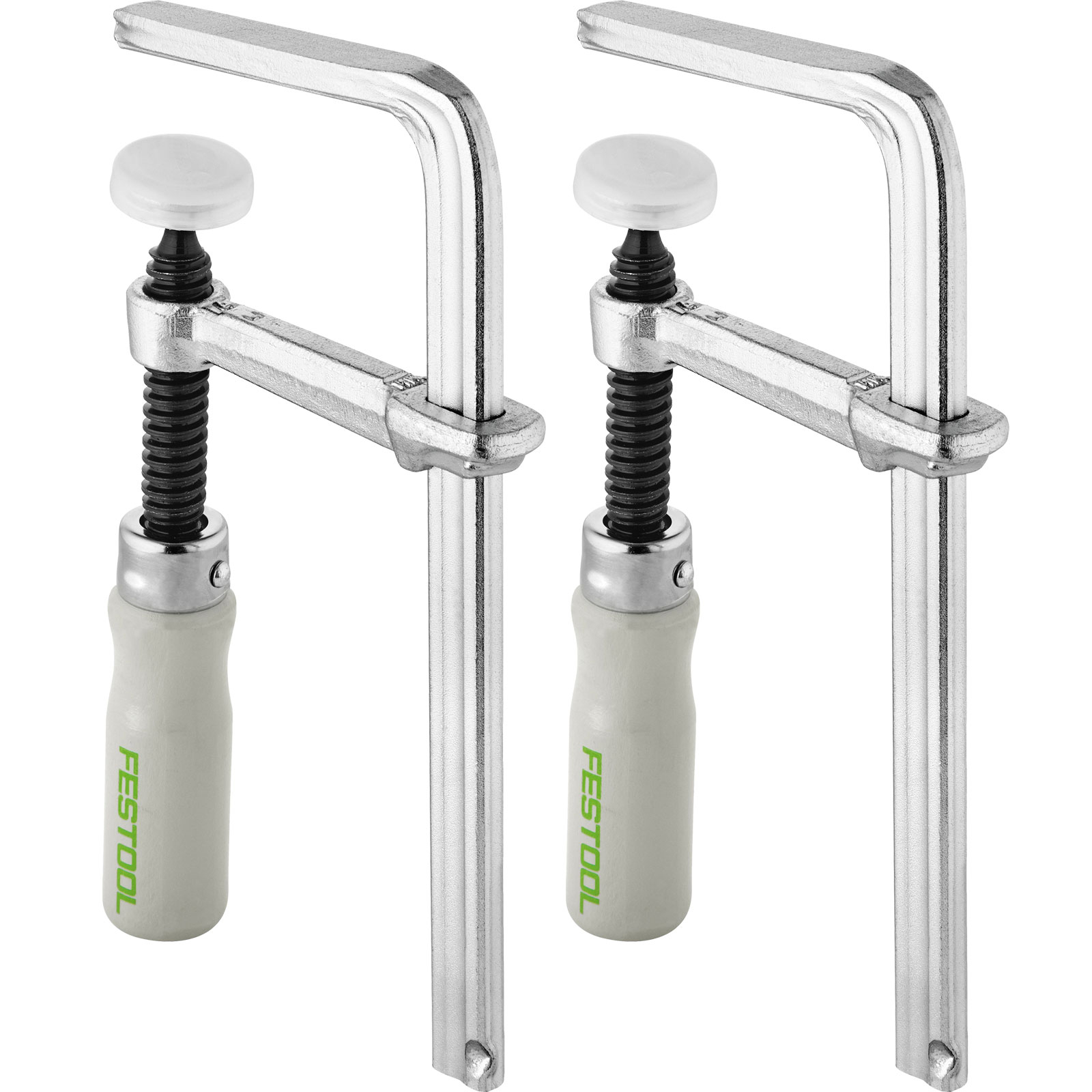 Dwa srebrne zaciski z jasnoszarymi uchwytami, marka FESTOOL, na białym tle.
