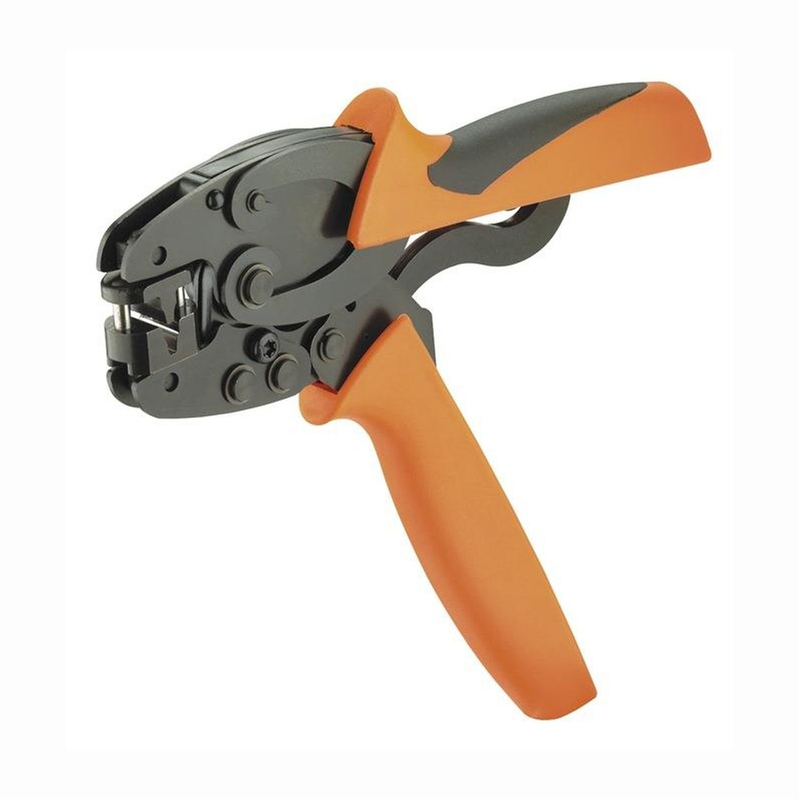 Zaciskarka z pomarańczowymi i czarnymi uchwytami. Narzędzie jest otwarte, pokazując szczęki zaciskowe. Białe tło.