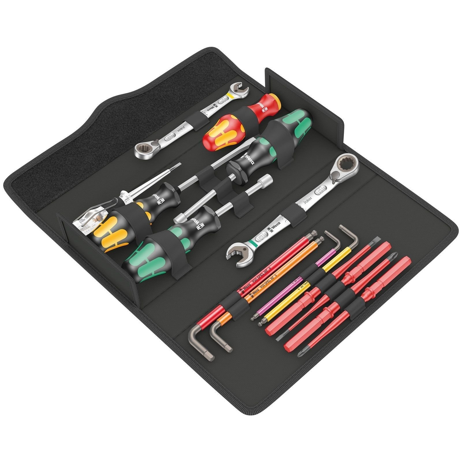 Tool set on a black mat, including wrenches, screwdrivers, and other tools.