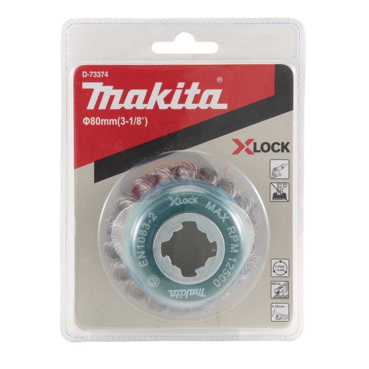 Ein Makita-Drahtbürstenrad in Verpackung, mit Etiketten und Details.