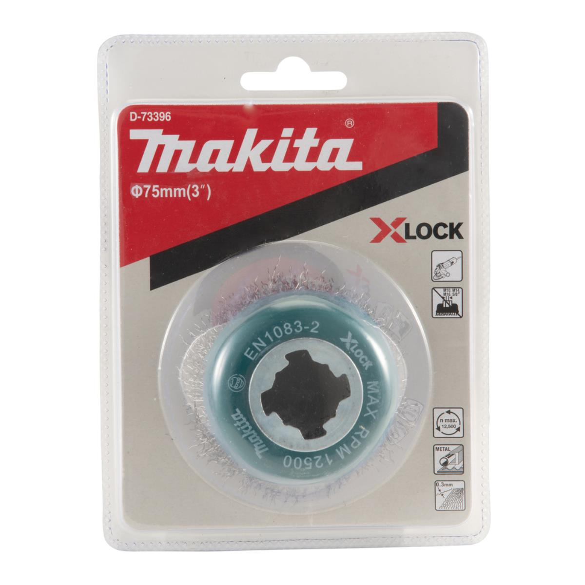 Makita Drahtbürste in Verpackung. Weißer Hintergrund.