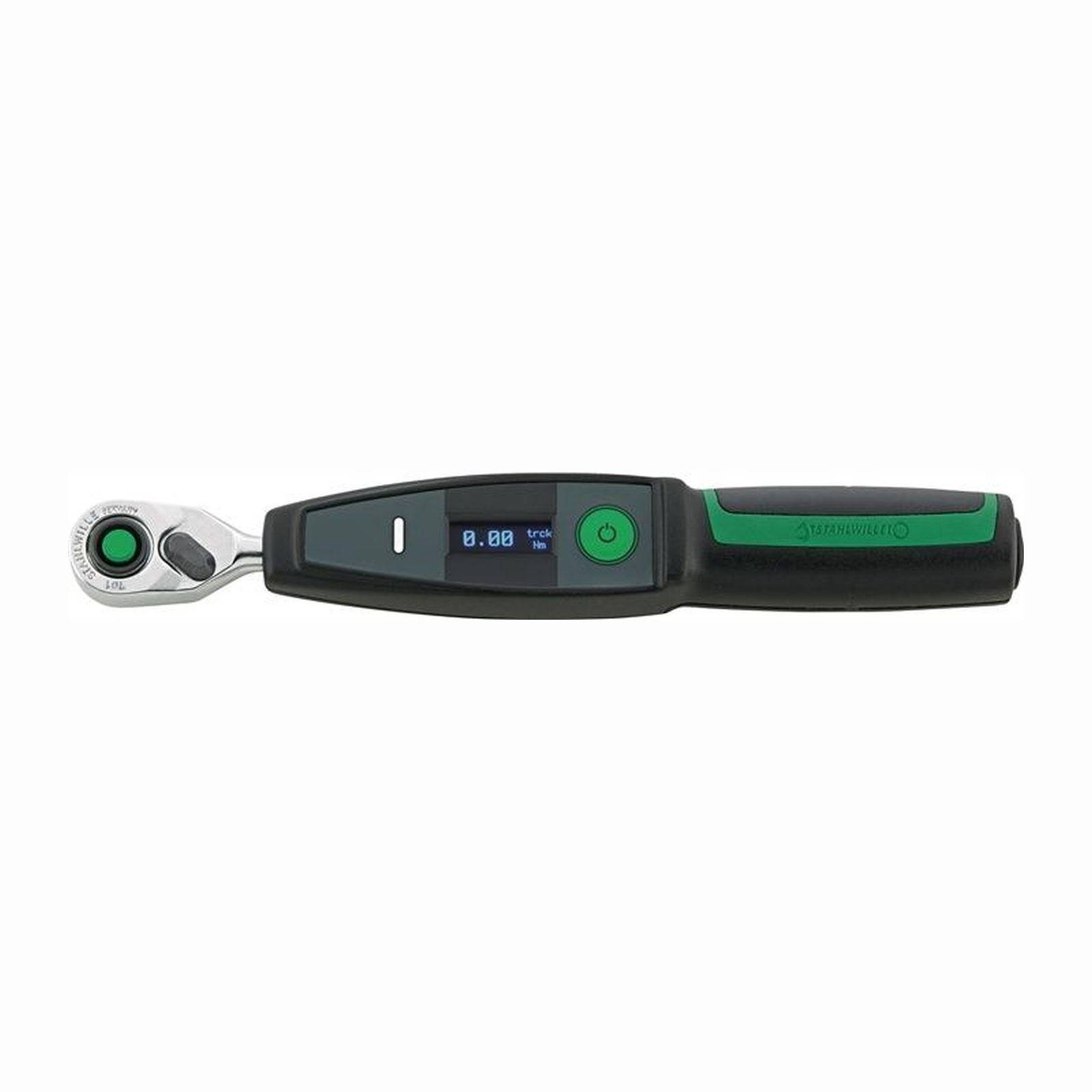 Digitaler Drehmomentschlüssel mit schwarz-grünem Griff, zeigt Digitalanzeige.