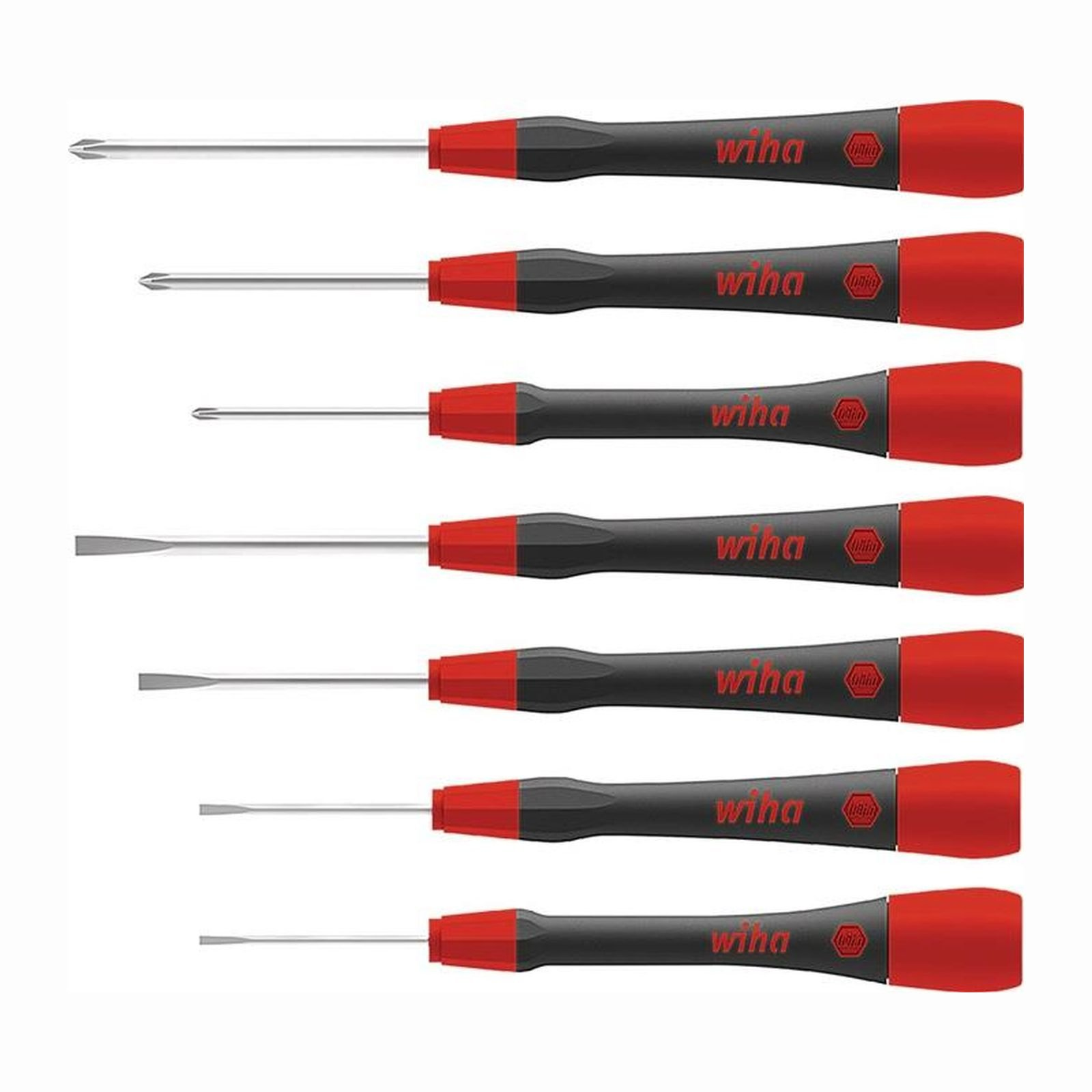 Zestaw śrubokrętów. Czerwone uchwyty, metalowe końcówki. Marka Wiha. Do wkrętów.