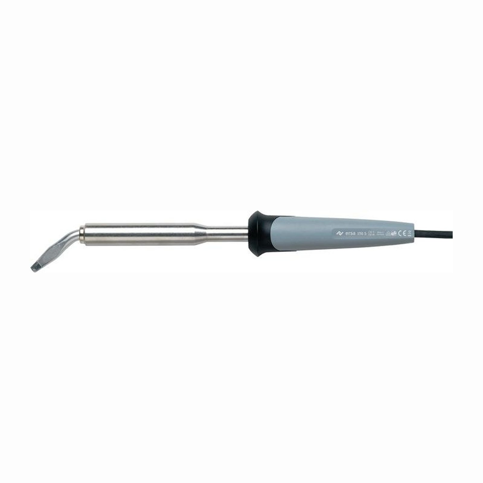 Lötkolben mit grauem Griff und abgewinkelter Spitze. Schwarzes Kabel erstreckt sich vom Griff.