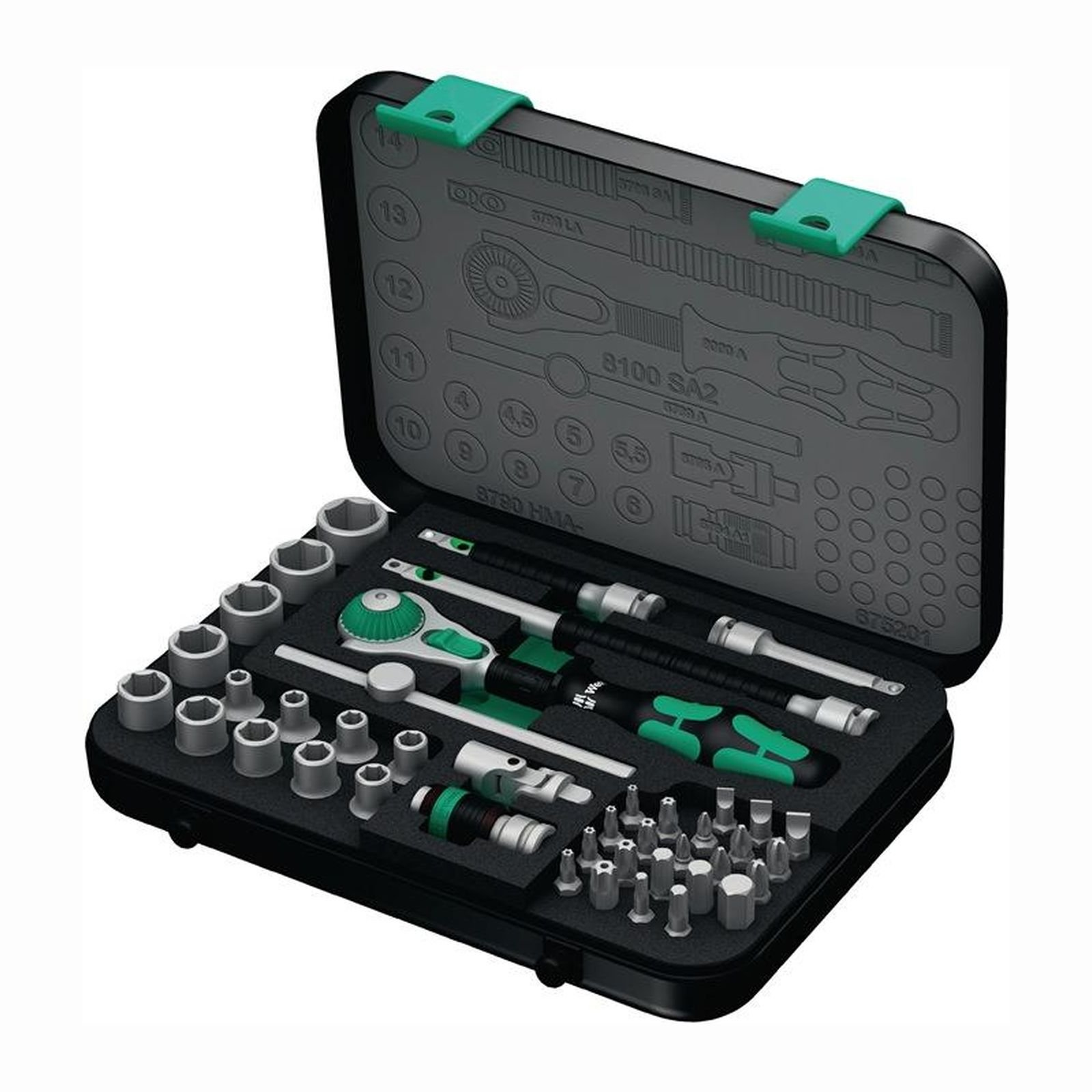 Boîte à outils avec divers outils à l'intérieur, noir et vert.