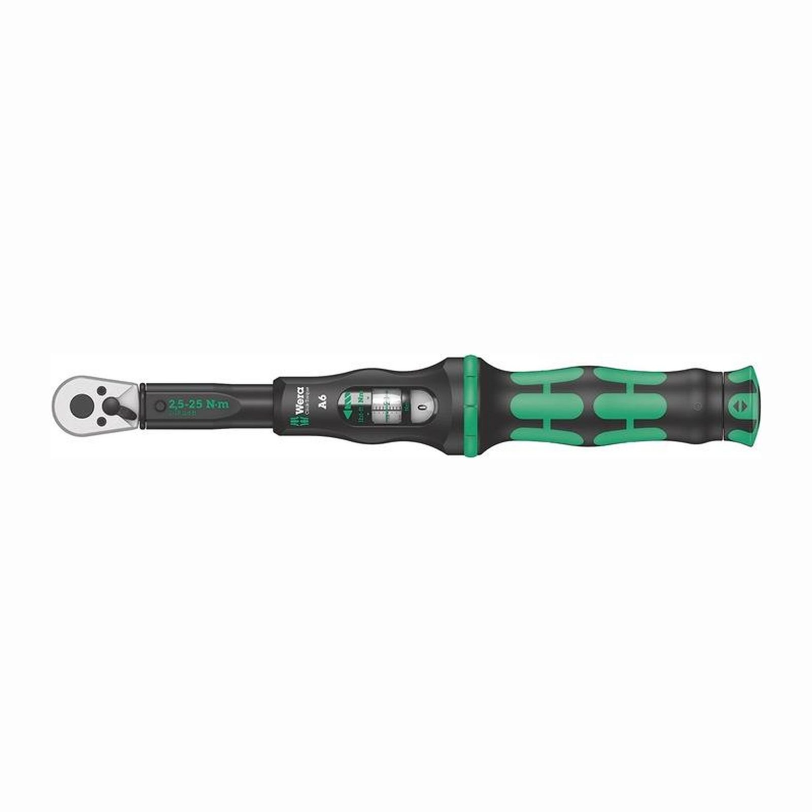 Llave dinamométrica Wera, negra y verde. Fondo blanco.