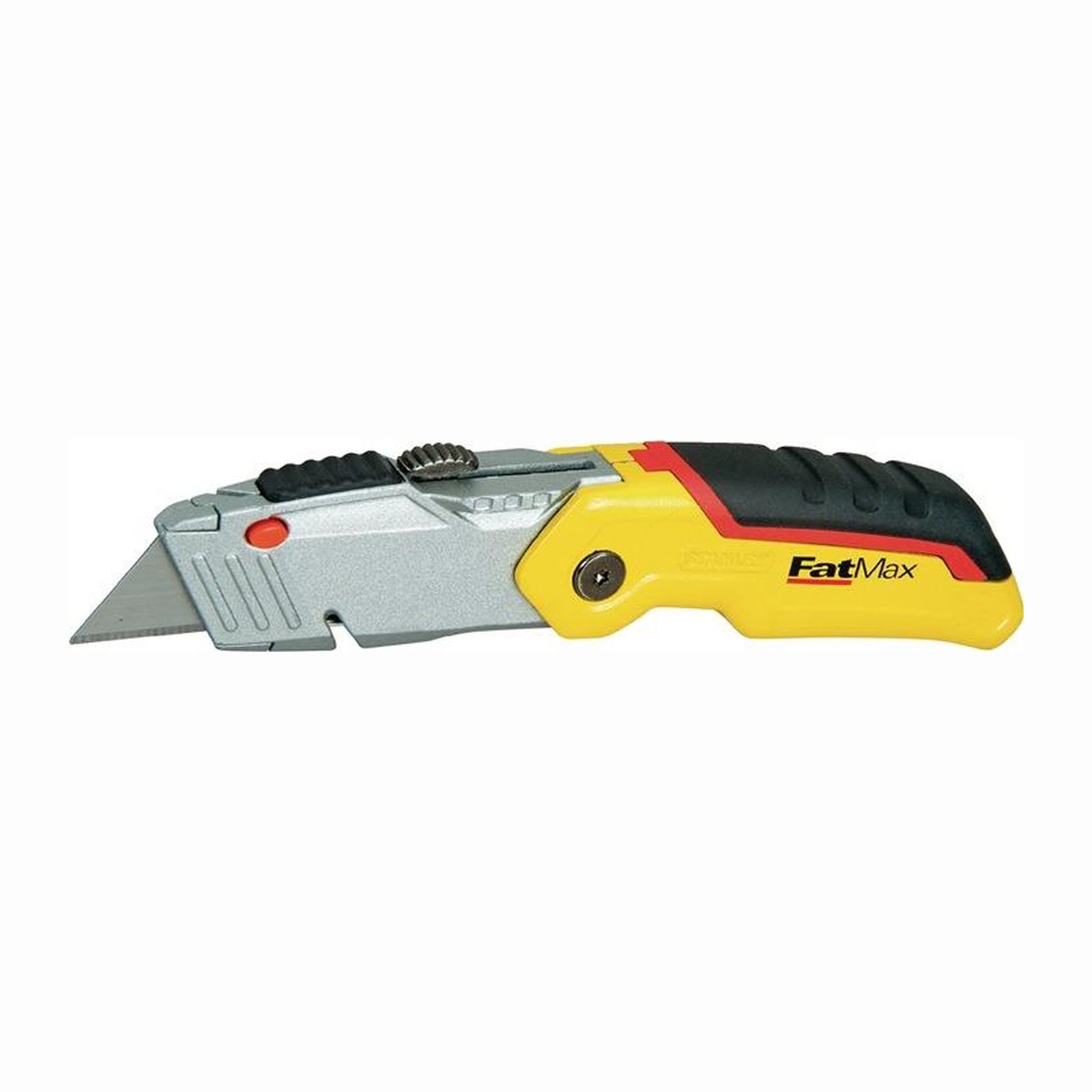 Ein gelbes und graues Teppichmesser mit ausgezogener silberner Klinge, mit einem schwarz-roten Griff.