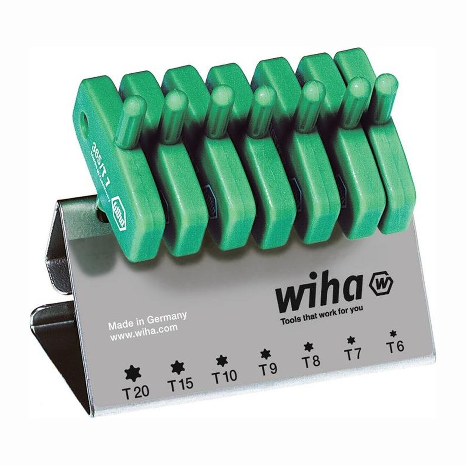 Zestaw bitów do śrubokrętów Wiha w kolorze zielonym na metalowym stojaku. Tekst: Tools that work for you.