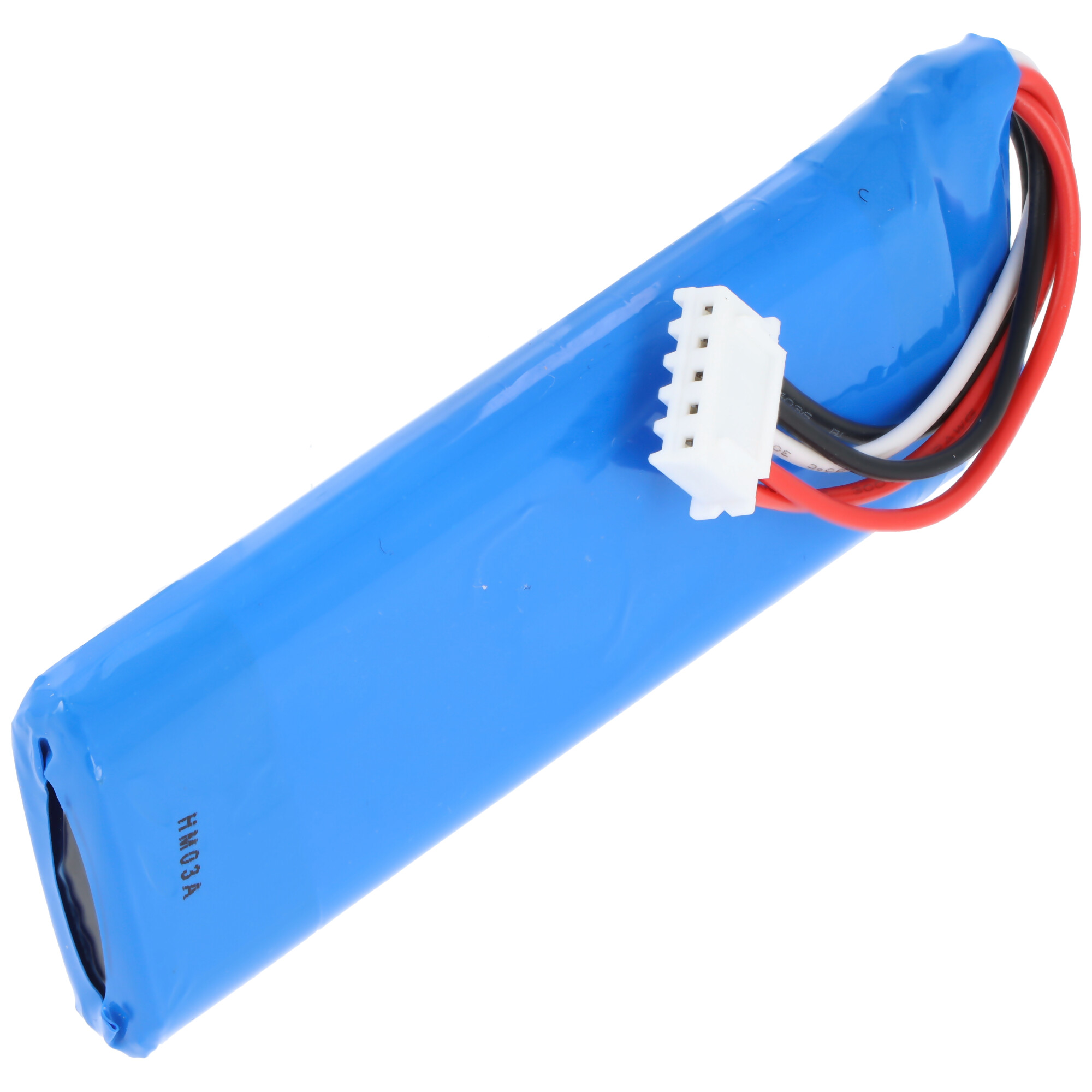 Blau verpackte Batterie mit weißem Stecker und roten, schwarzen, weißen Drähten. Die Batterie ist auf weißem Hintergrund.