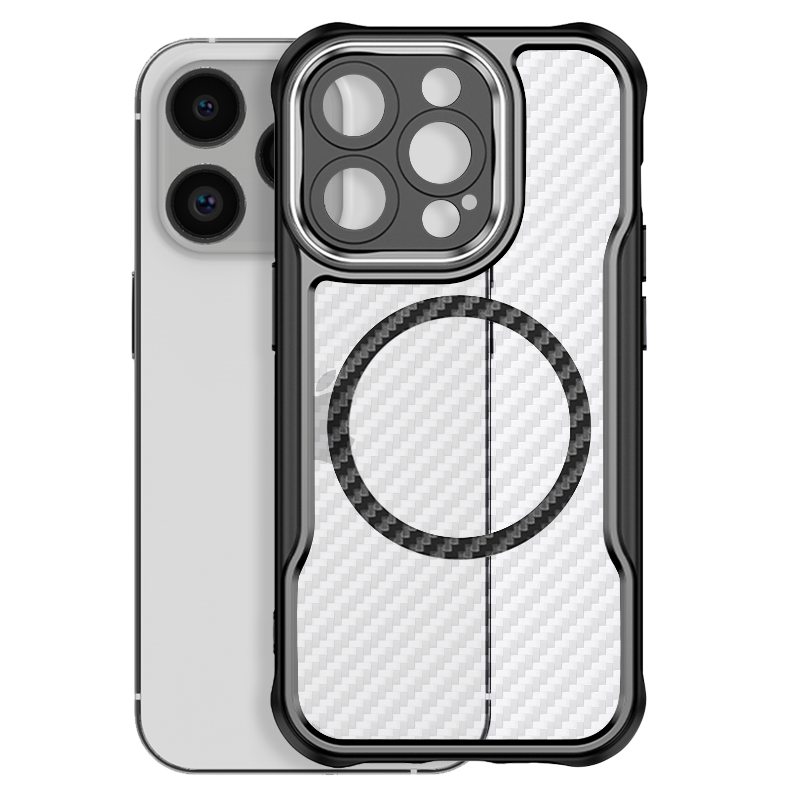 Un telefono argentato con una custodia protettiva nera con design in fibra di carbonio e un anello magnetico.