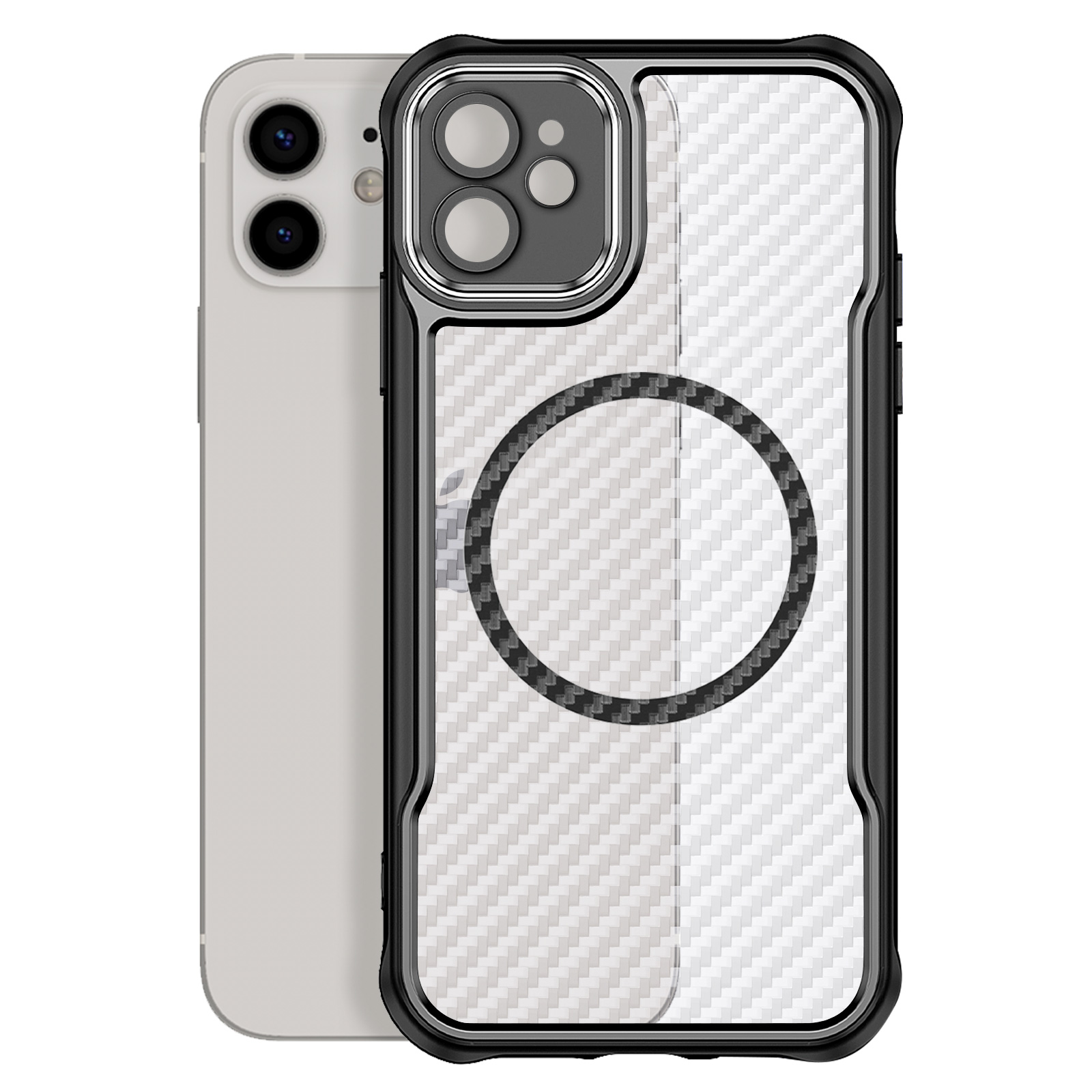 Un telefono argentato con una custodia protettiva nera con design in fibra di carbonio e un anello magnetico.