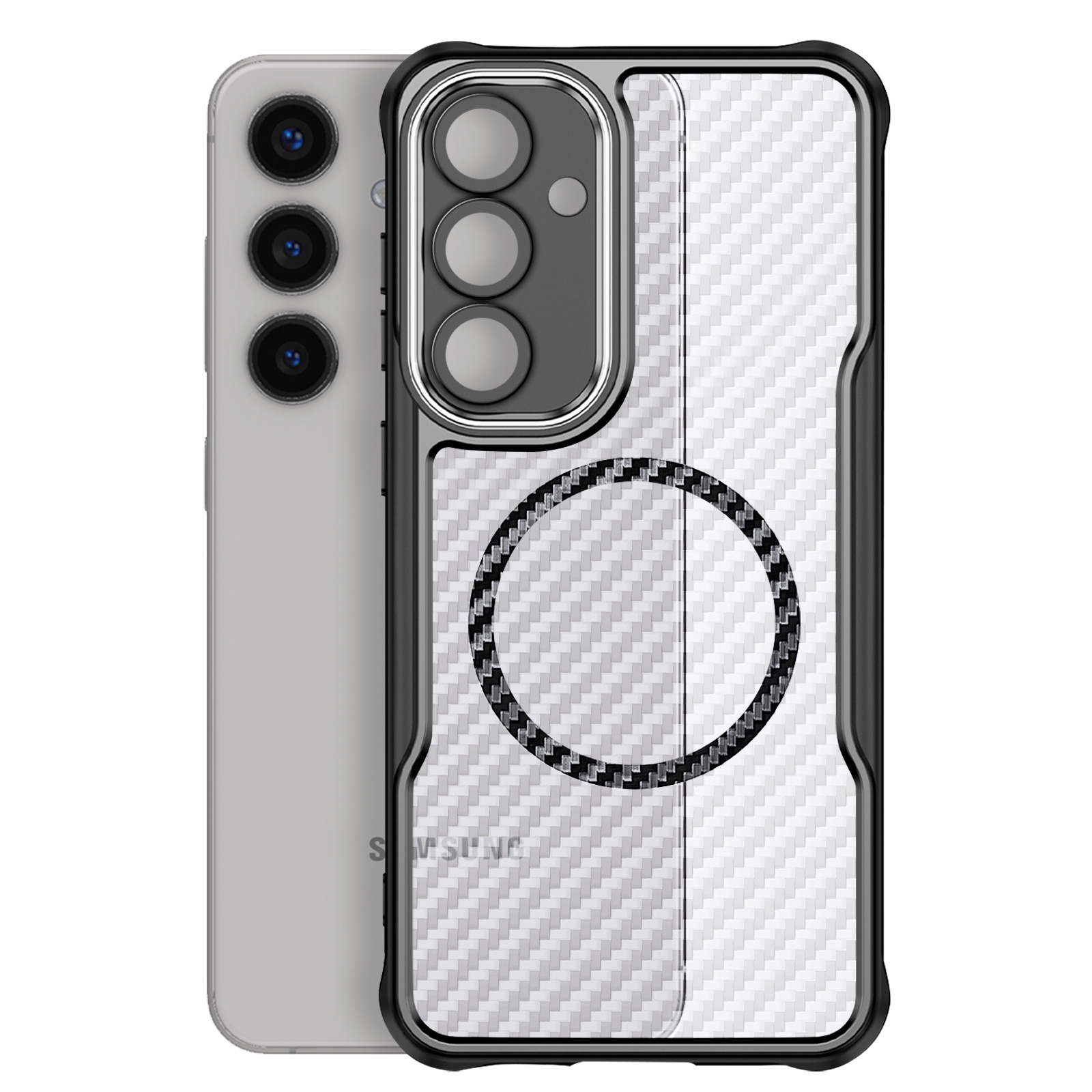 Un telefono argentato con una custodia protettiva nera con design in fibra di carbonio e un anello magnetico.