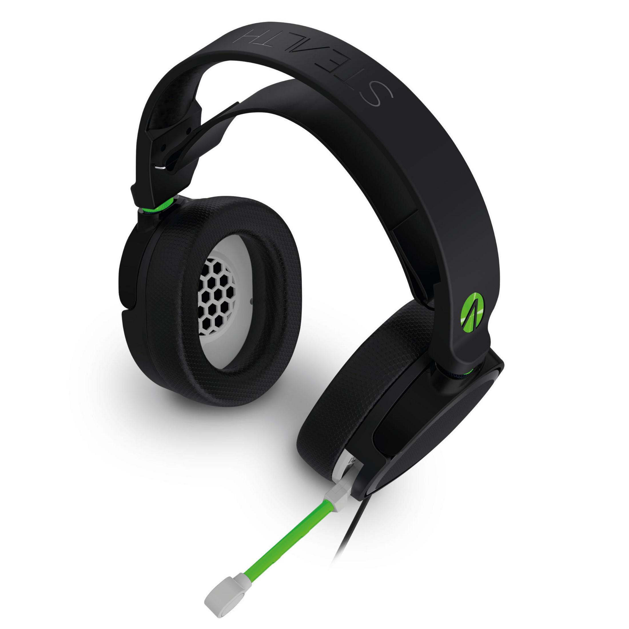 Czarne słuchawki dla graczy z zielonymi akcentami, białymi nausznikami i dołączonym zielonym mikrofonem.