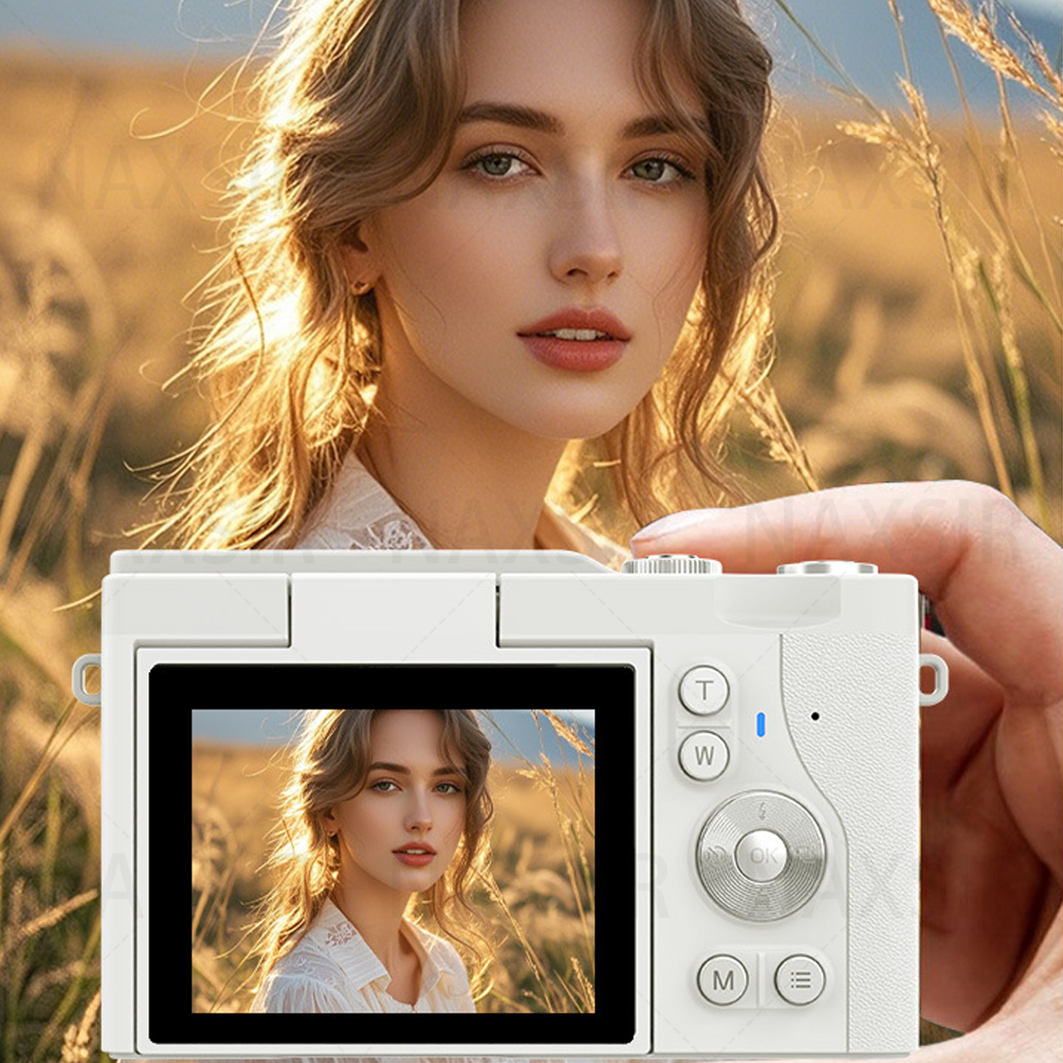 Mano che tiene una fotocamera bianca che mostra il ritratto di una donna. Lo sfondo mostra un campo di erba dorata.