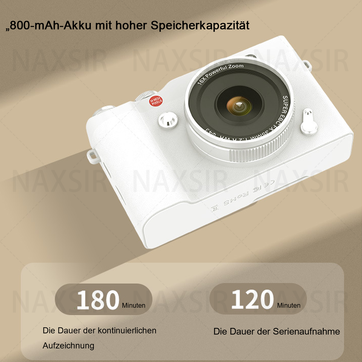 Fotocamera bianca con testo che indica la durata della batteria: 180 minuti di registrazione, 120 minuti di scatto continuo.