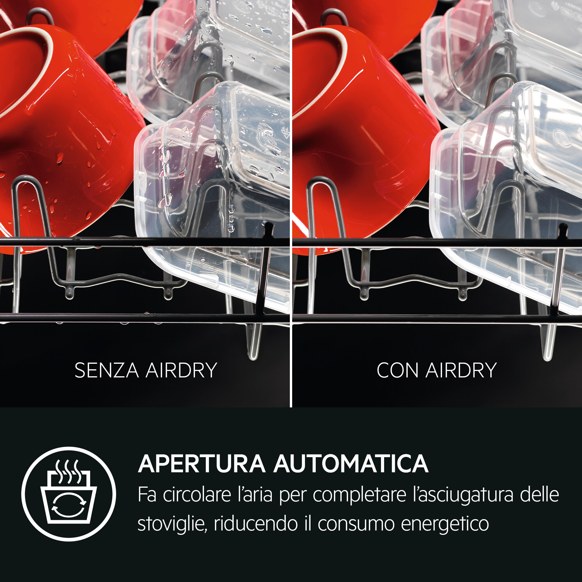 Interior de lavavajillas con tazas rojas y recipientes transparentes, texto italiano.