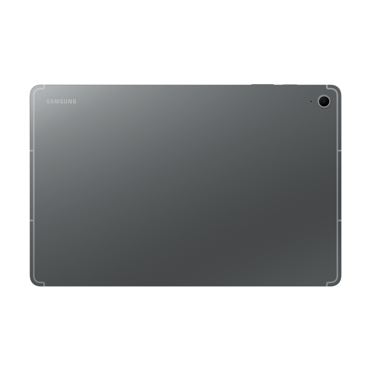 Grijze tabletachterkant met Samsung-logo, camera en kleine knop.