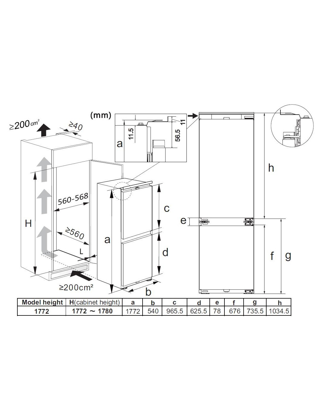 Diagramma delle dimensioni del frigorifero. Mostra le misure di altezza, larghezza e profondità in mm.