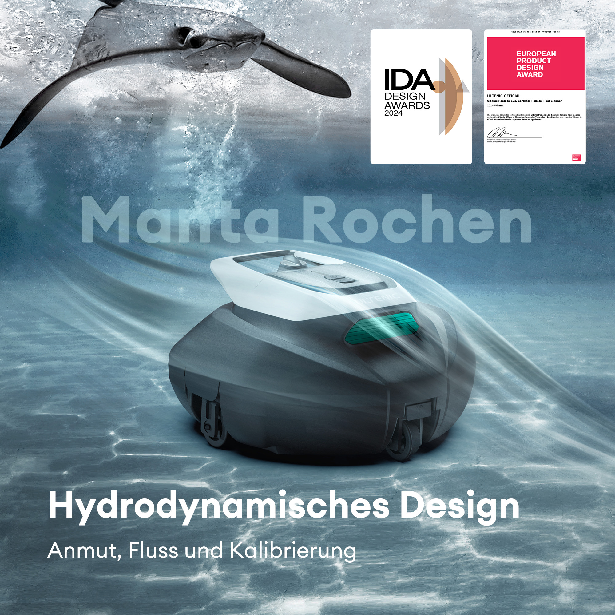 Ein Poolreiniger mit Auszeichnungen, ein Mantarochen-Bild und Produktname: Marta Rochen. Der Text beschreibt sein hydrodynamisches Design.