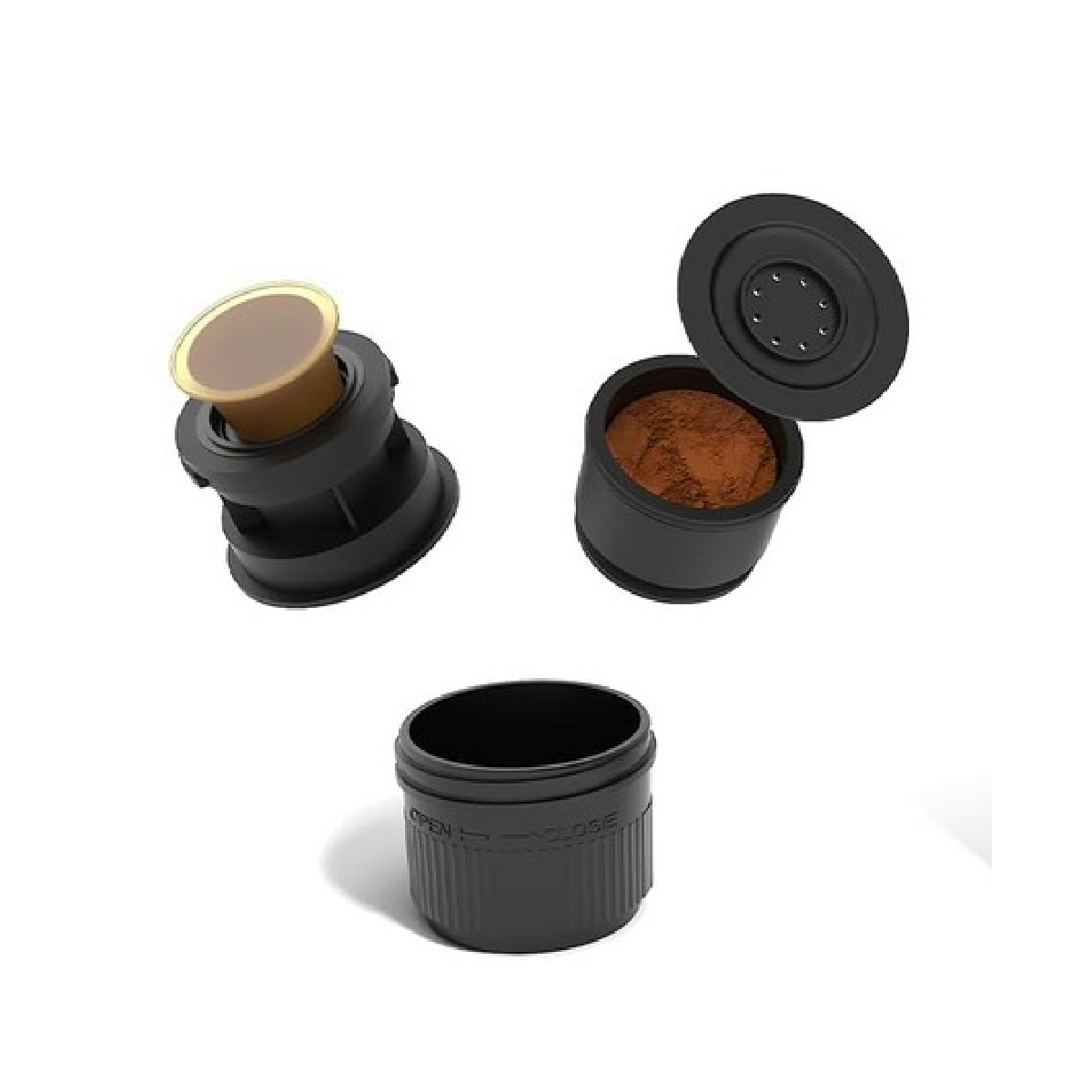 Schwarze Kaffeemaschinenteile, eine Kapsel, ein Behälter mit Kaffeepulver und ein leerer Behälter.