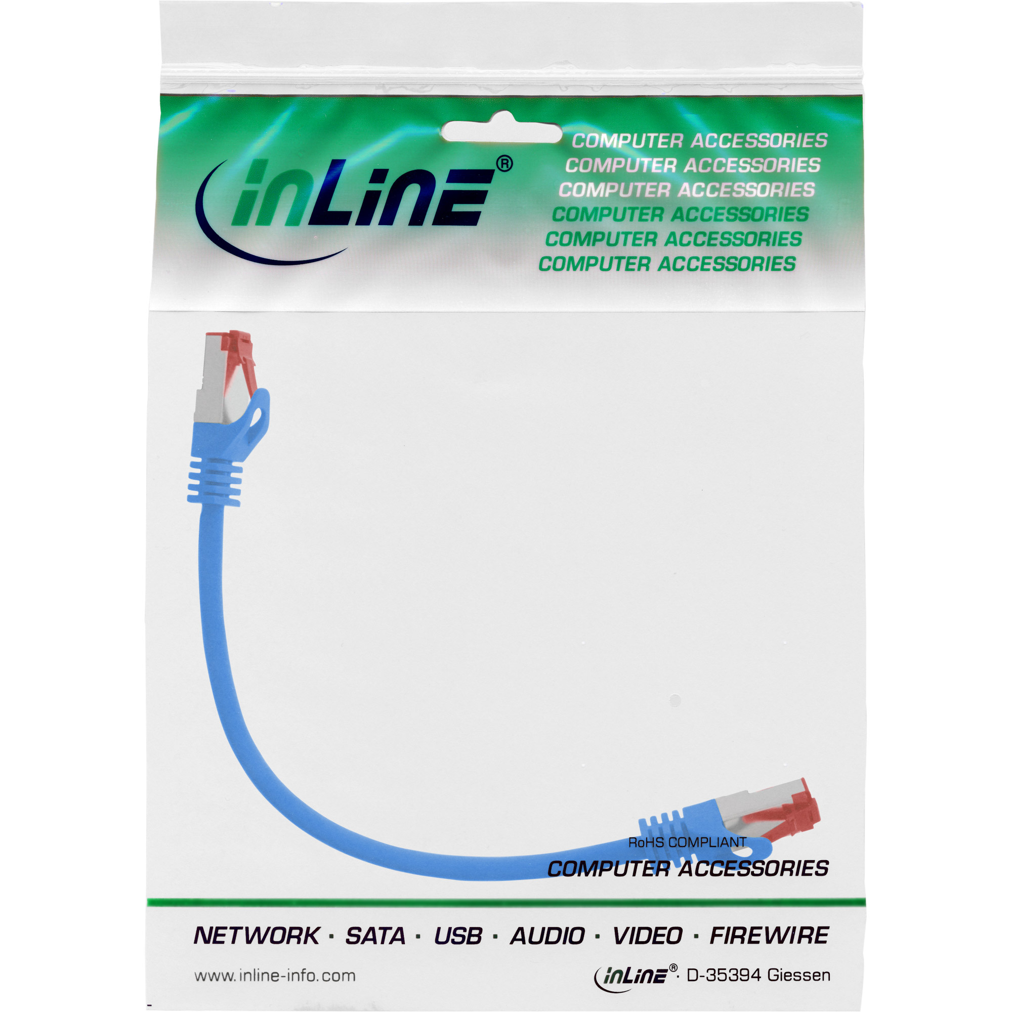 Un cavo di rete blu in una busta di plastica. I connettori sono rossi e bianchi. La confezione riporta 'inLine' e 'Accessori per computer'.