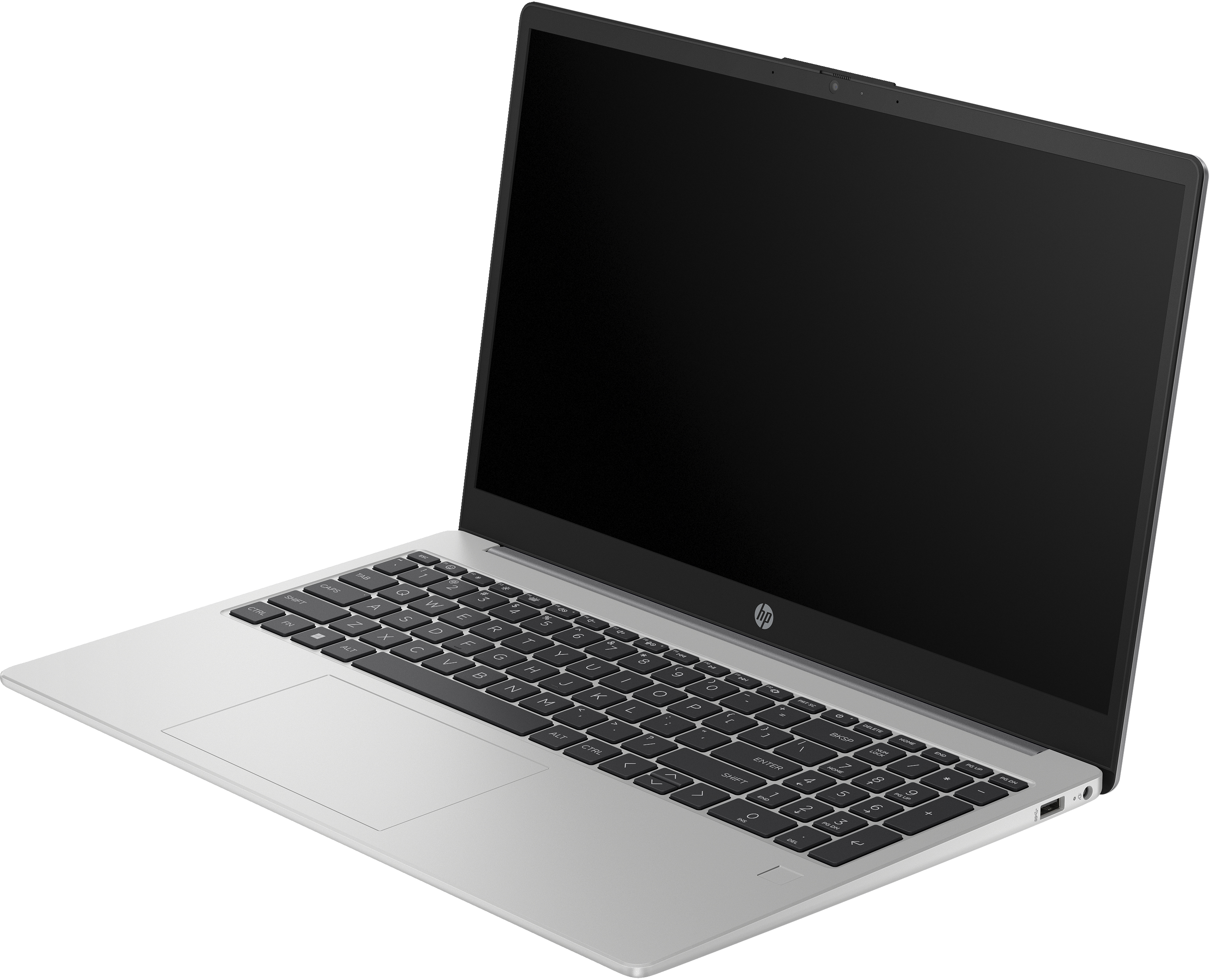 Gümüş dizüstü bilgisayar, açılı, siyah klavye ve ekran. HP logosu görünüyor. Beyaz arka plan.