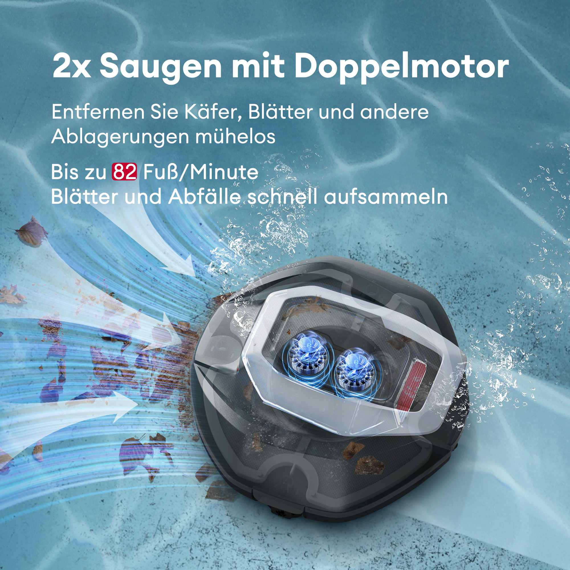 Roboterreiniger im Wasser, zeigt Dualmotoren, sammelt Blätter und Schmutz, Pfeile zeigen die Saugwirkung.