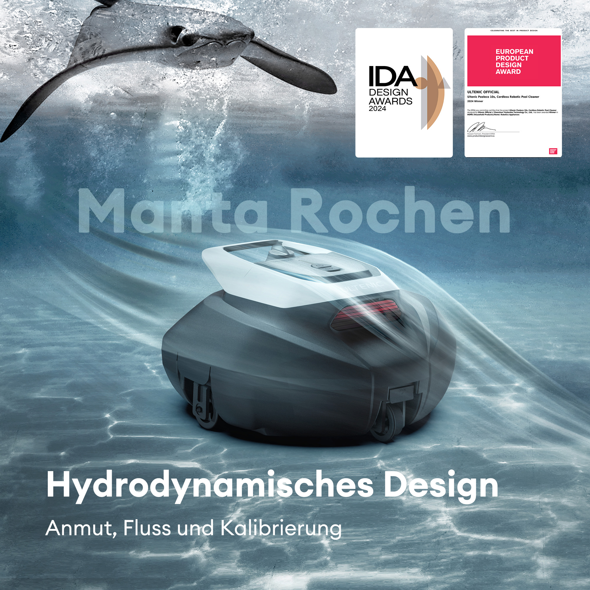 Roboterreiniger im Wasser, mit Auszeichnungen und einer Mantarochen-Illustration, die sein hydrodynamisches Design hervorhebt.