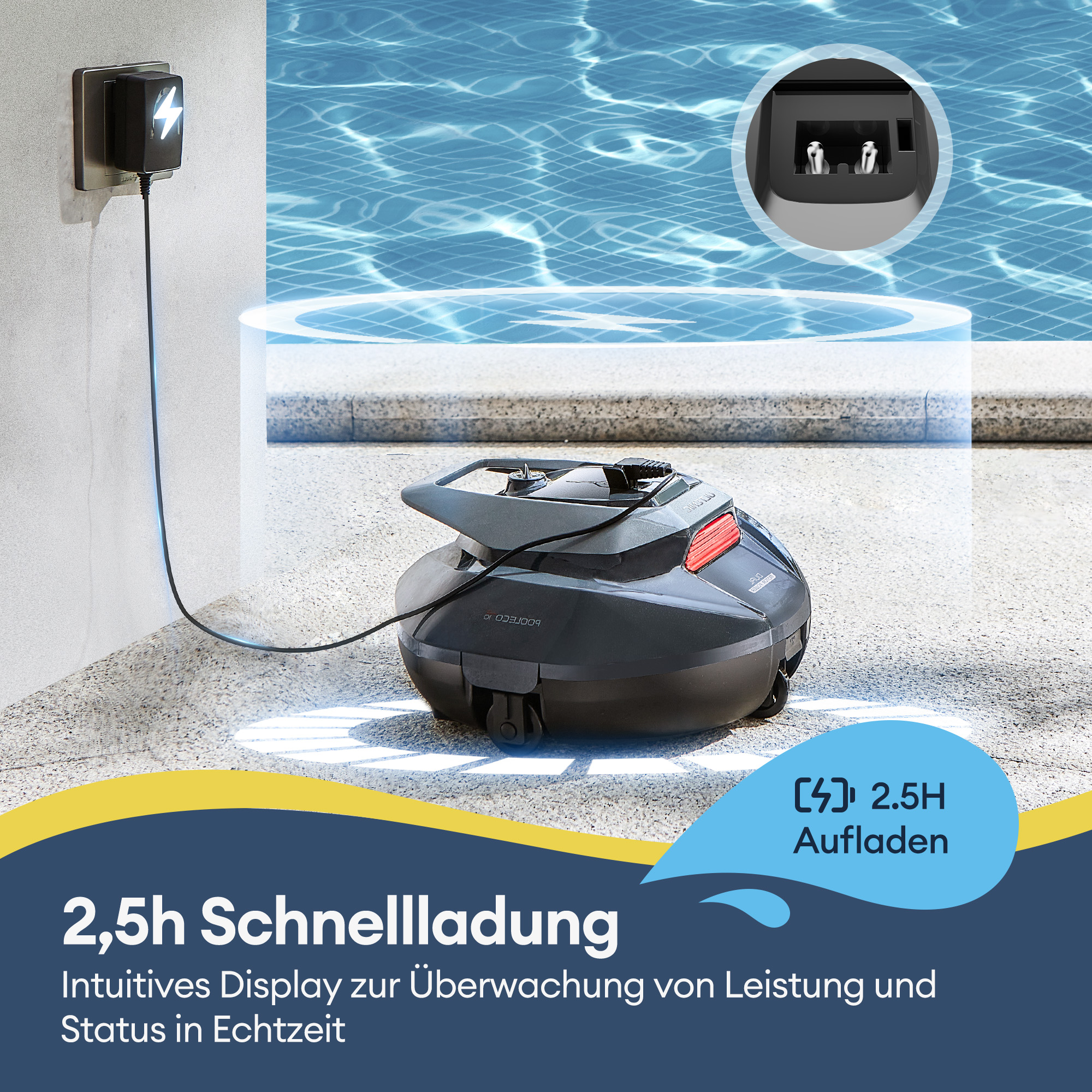 Roboterreiniger lädt in der Nähe eines Pools, zeigt den Ladestatus, mit 2,5h Schnellladefunktion.
