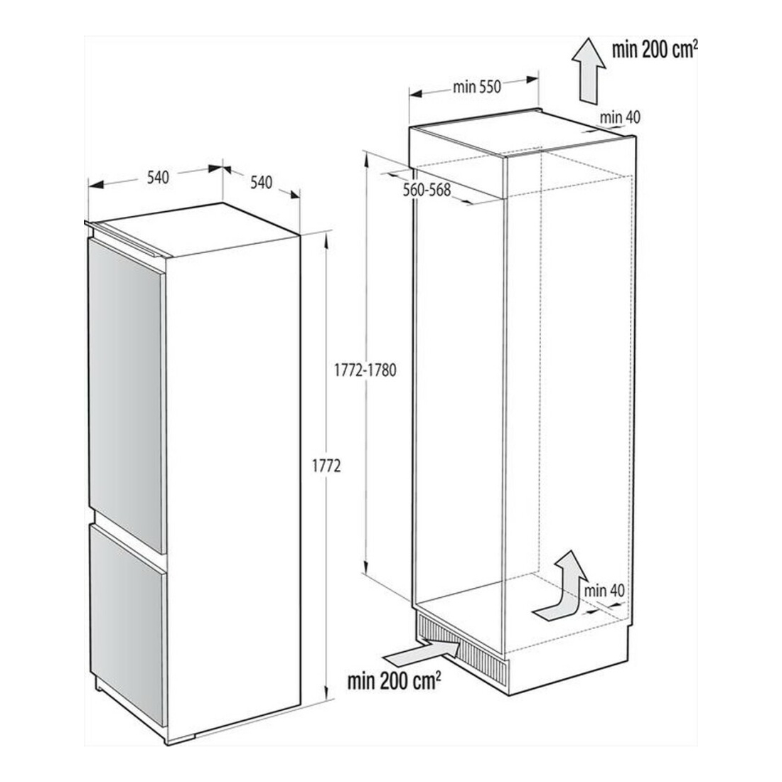 Disegno tecnico di un frigorifero con dimensioni in mm ed etichette.