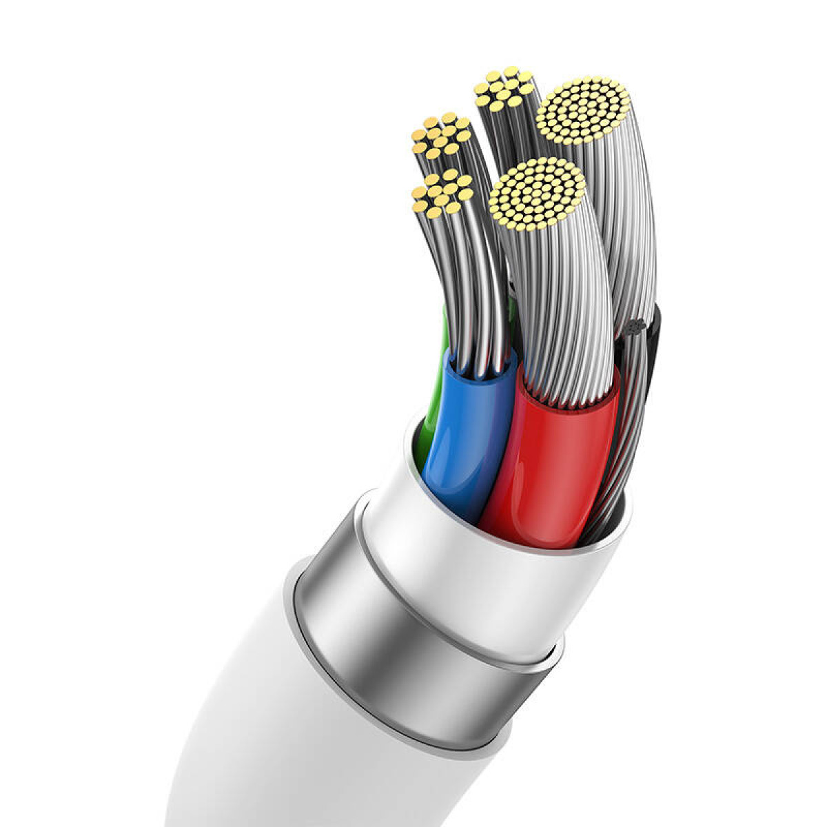 Primer plano de un cable blanco con múltiples cables internos de colores, que emerge de una carcasa cilíndrica.