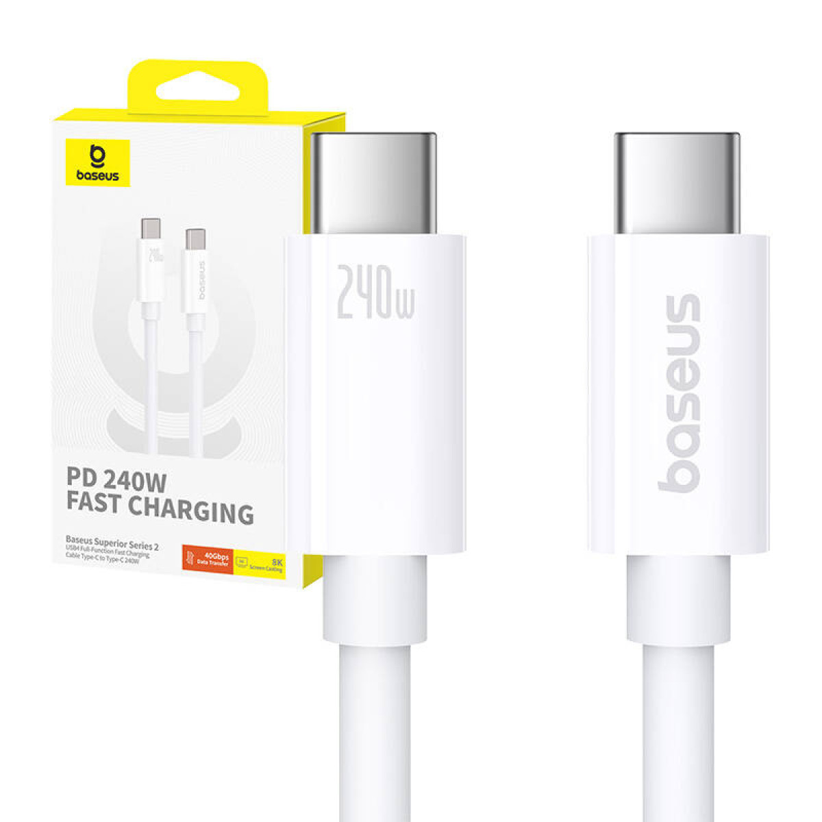 Cables y conectores Baseus blancos sobre fondo blanco, la caja tiene una etiqueta clara de 240W.