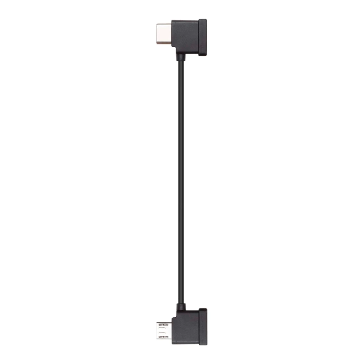 Schwarzes Kabel mit USB-C-Anschlüssen an beiden Enden, mit geradem schwarzen Kabel dazwischen.