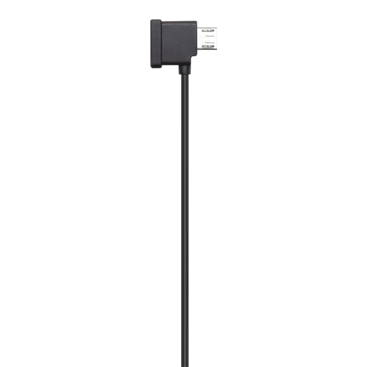 Schwarzes Kabel mit Micro-USB-Anschluss an einem Ende und rechtwinkligem Anschluss am anderen.