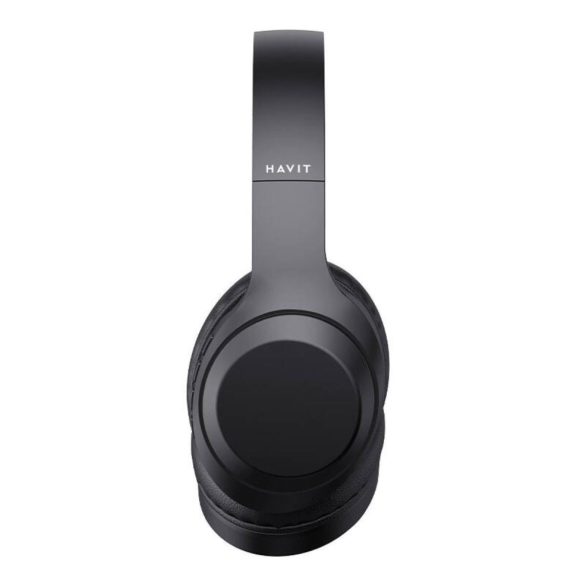 Auriculares negros supraaurales, con 'HAVIT' impreso en la diadema, vista superior, sobre blanco.