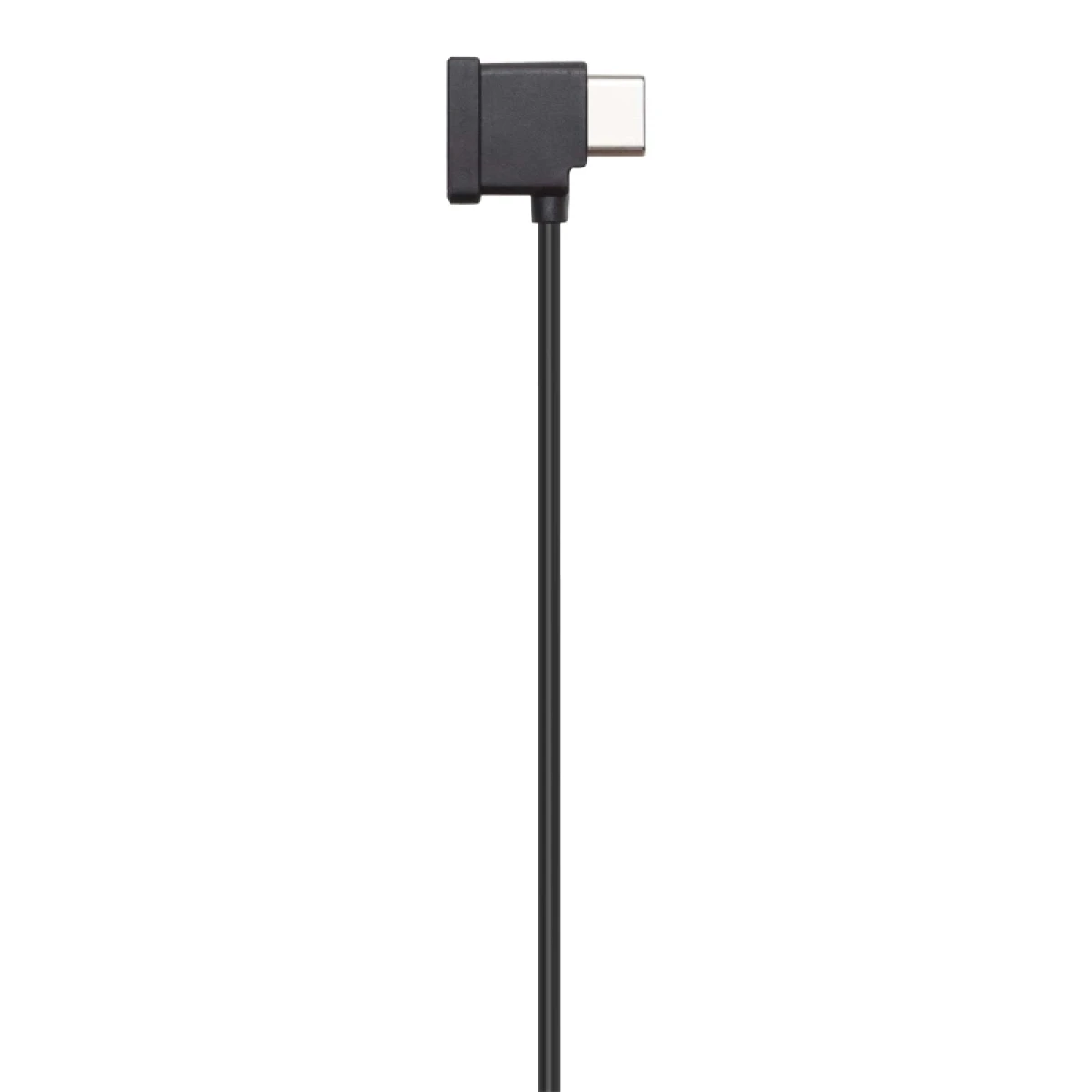 Schwarzes Kabel mit USB-C-Anschluss an einem Ende und rechtwinkligem Anschluss am anderen.