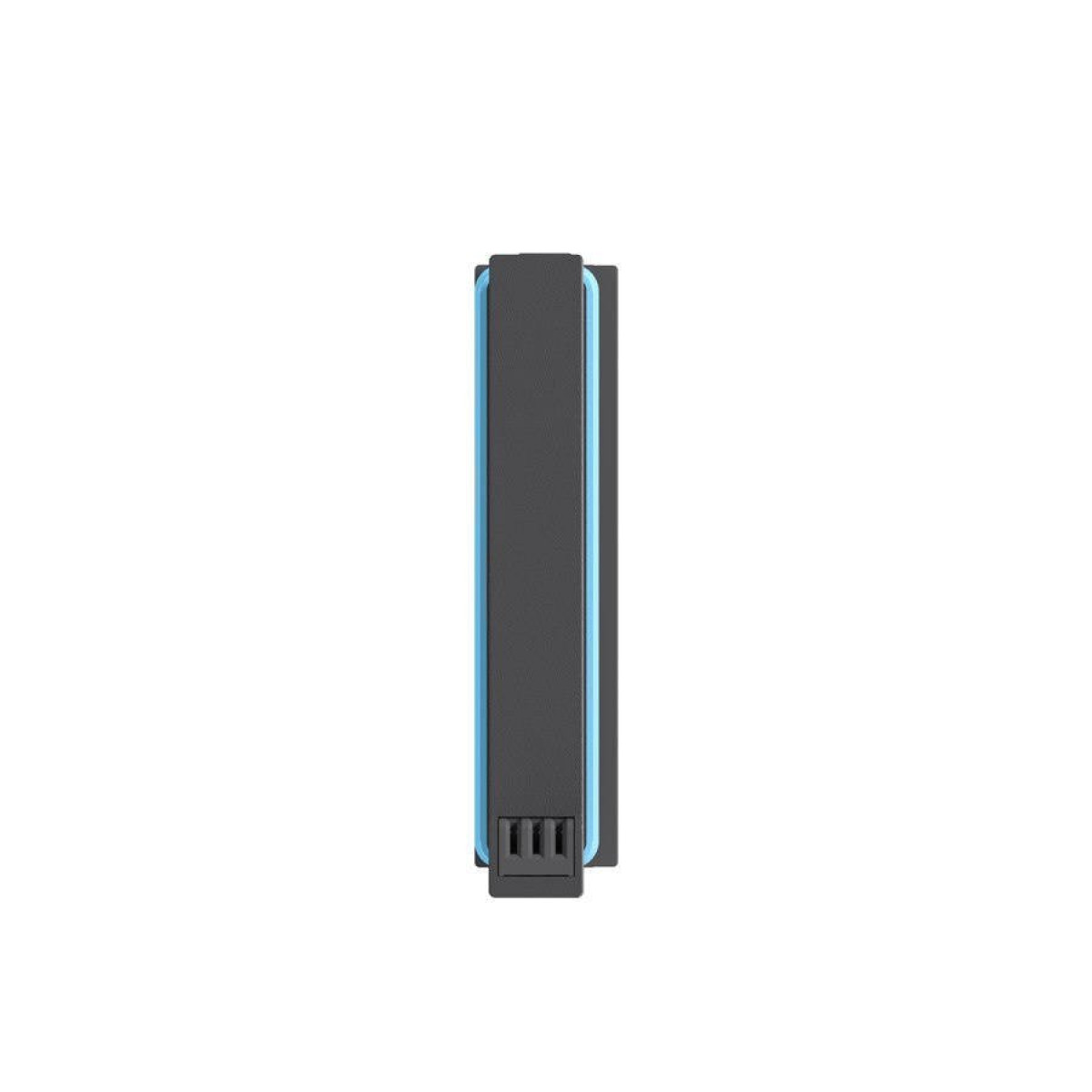 Un dispositivo rectangular con una combinación de colores negro y azul, con un puerto de carga.