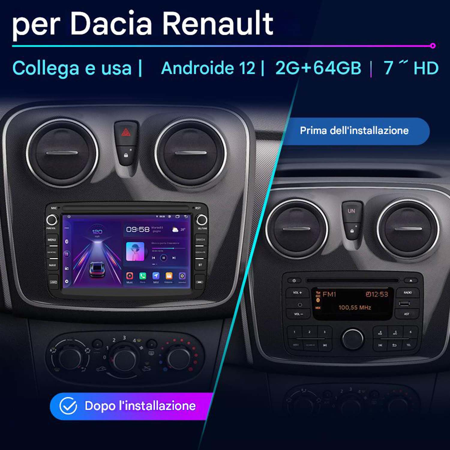 Impianto stereo per auto installato in un cruscotto con schermo che mostra informazioni.