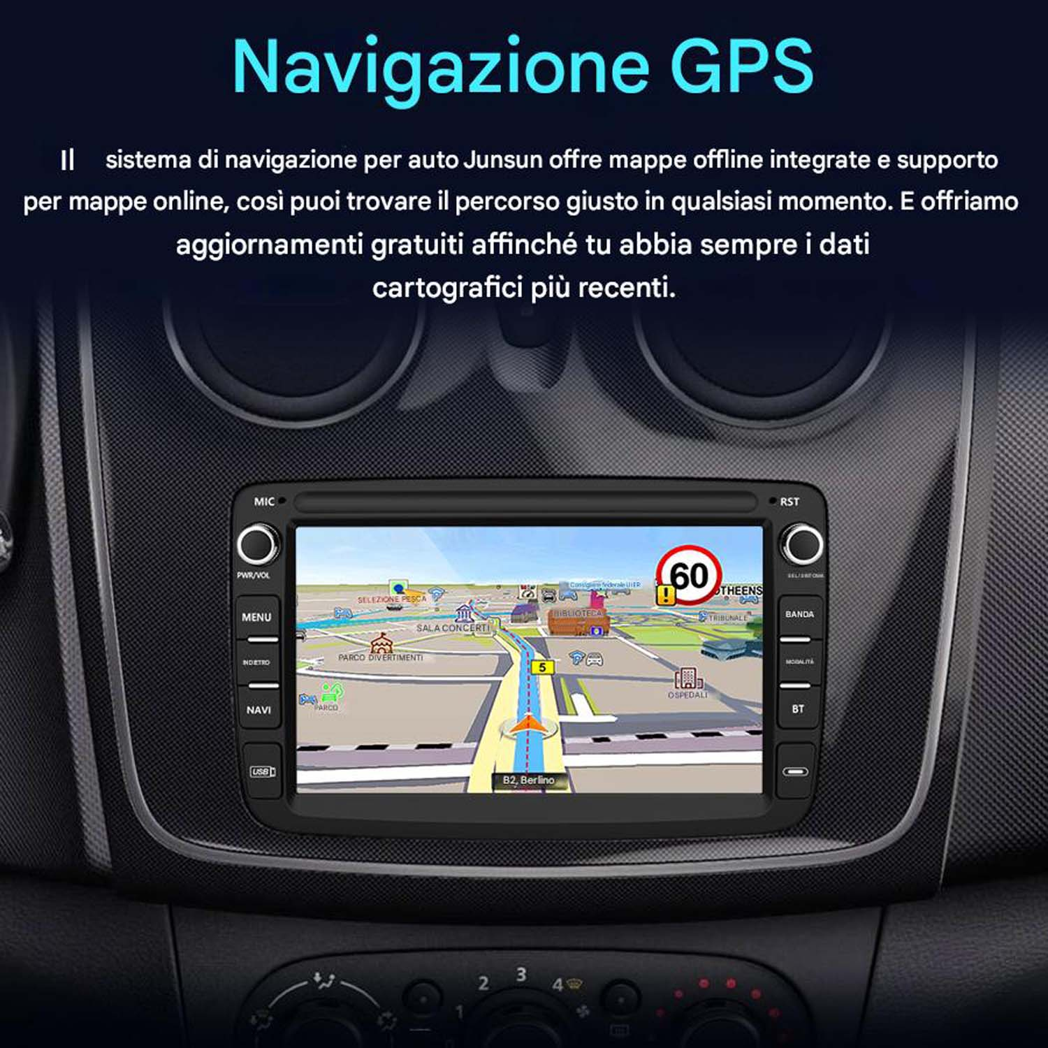 Schermo autoradio che mostra la navigazione GPS con mappa, nomi delle strade e segnale di limite di velocità.