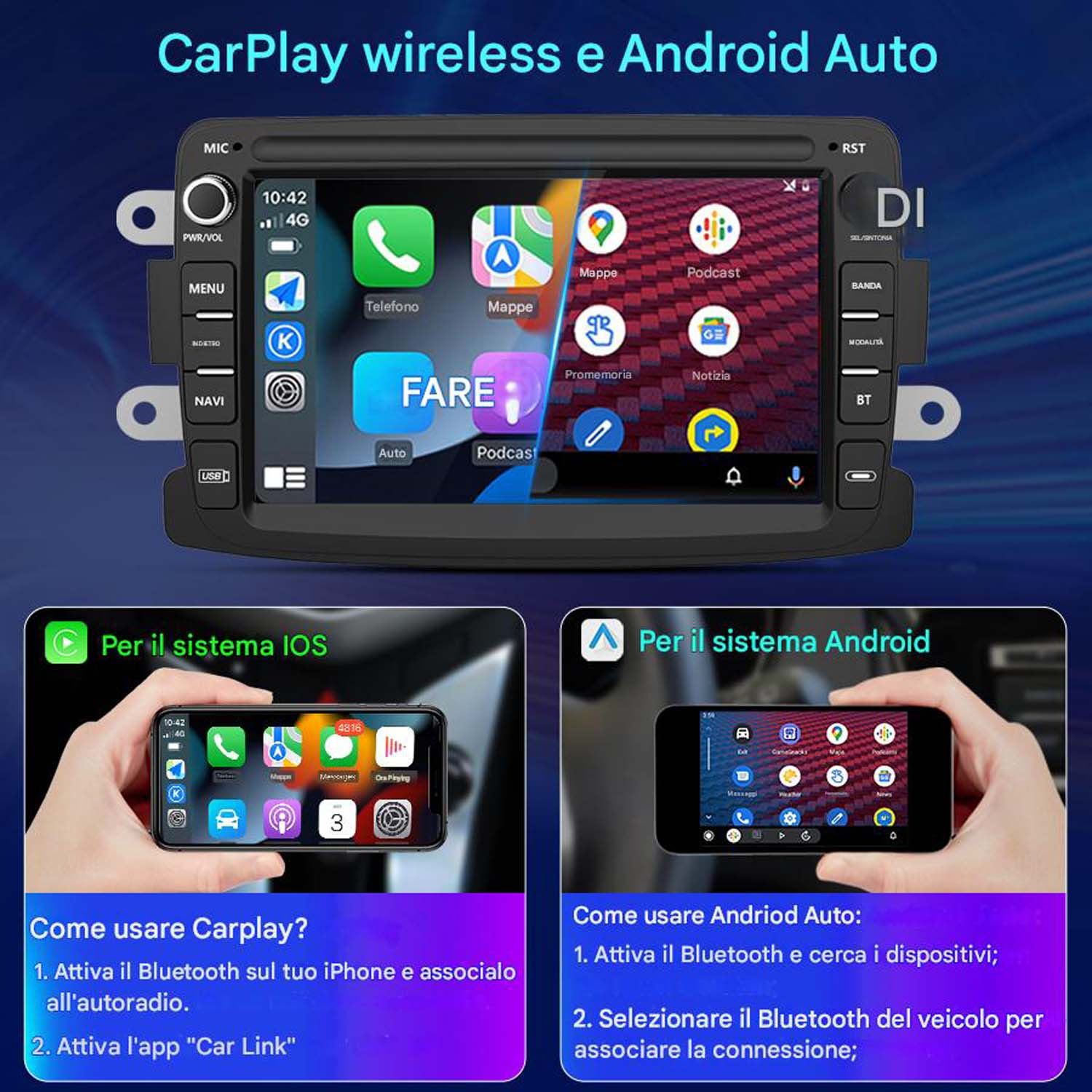 Interfaccia CarPlay e Android Auto su uno schermo autoradio, con icone di telefono e app.
