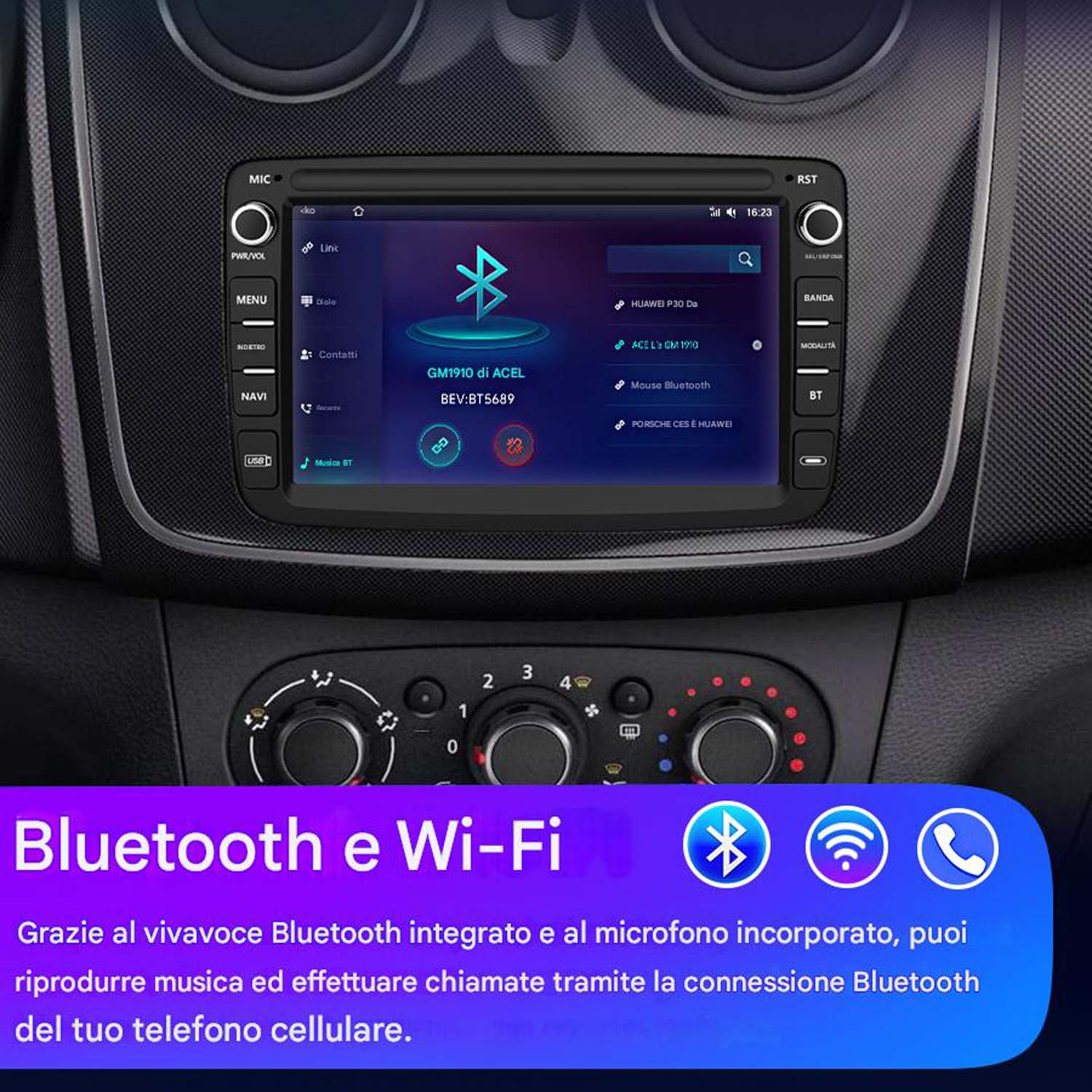 Schermo autoradio che mostra la connettività Bluetooth e Wi-Fi, con icone e dettagli di connessione.