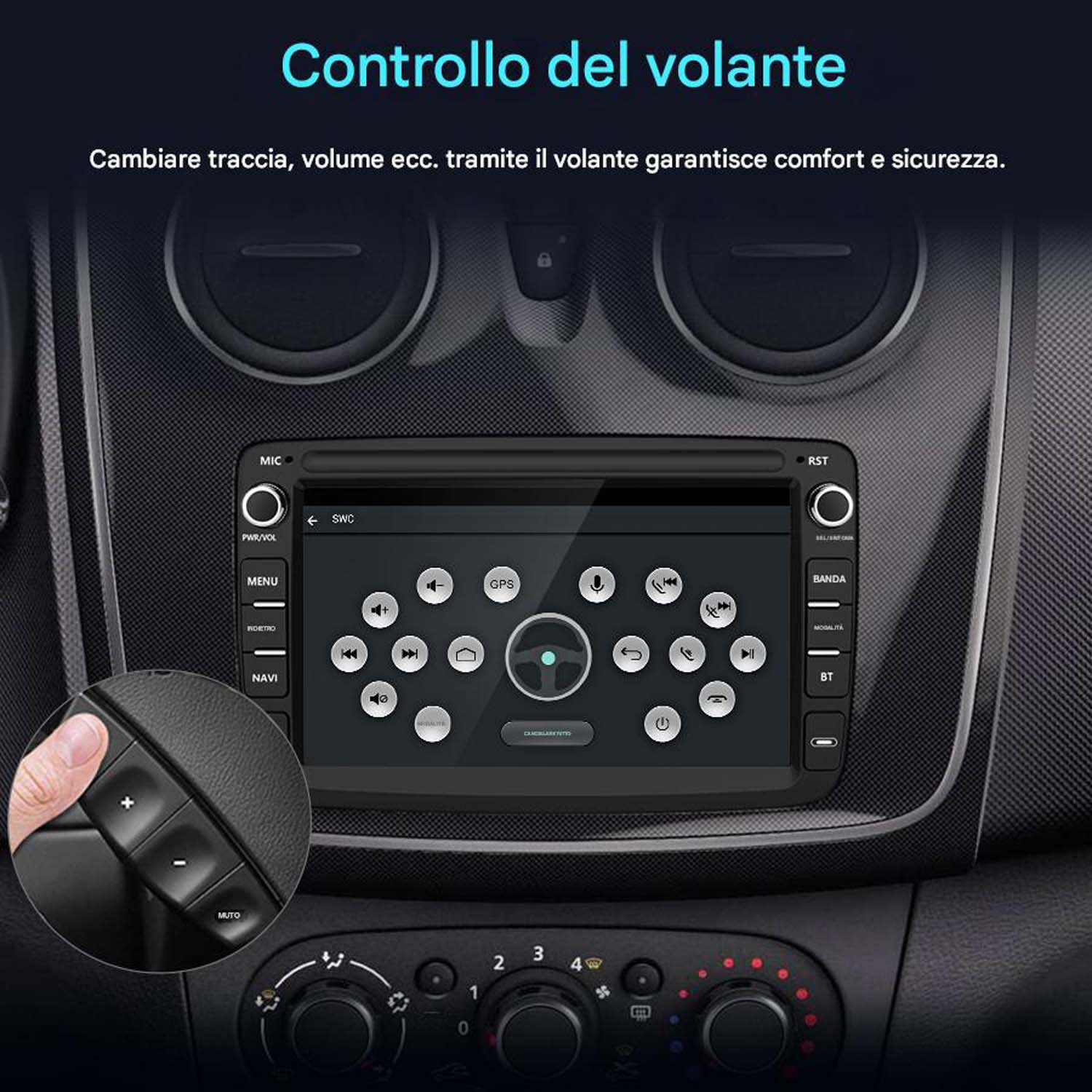 Interfaccia autoradio che mostra navigazione e comandi al volante, con cruscotto nero.