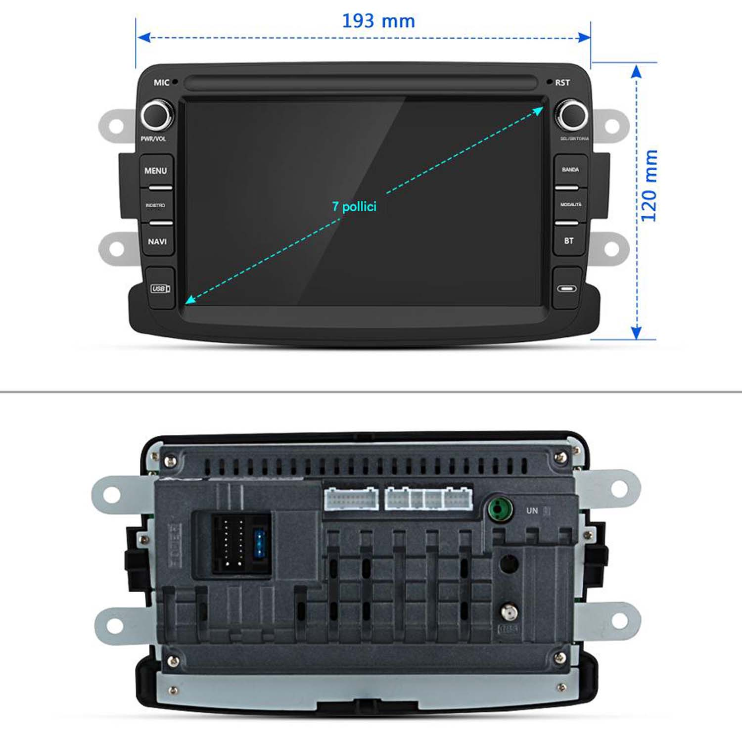 Primo piano di uno schermo autoradio con dimensioni. Lo schermo è nero con pulsanti touch.