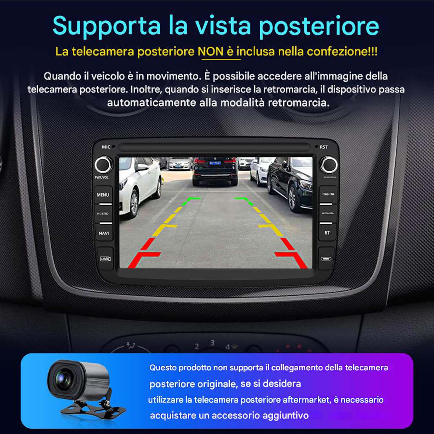 Schermo auto con vista telecamera posteriore. Testo in italiano. Telecamera in basso a sinistra. Sfondo parcheggio.