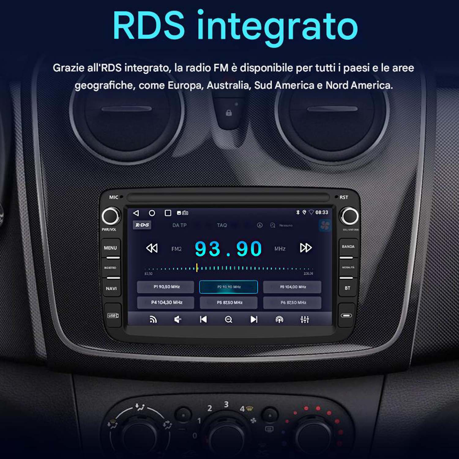Schermo autoradio che mostra le informazioni radio integrate RDS, con i dettagli della stazione radio.