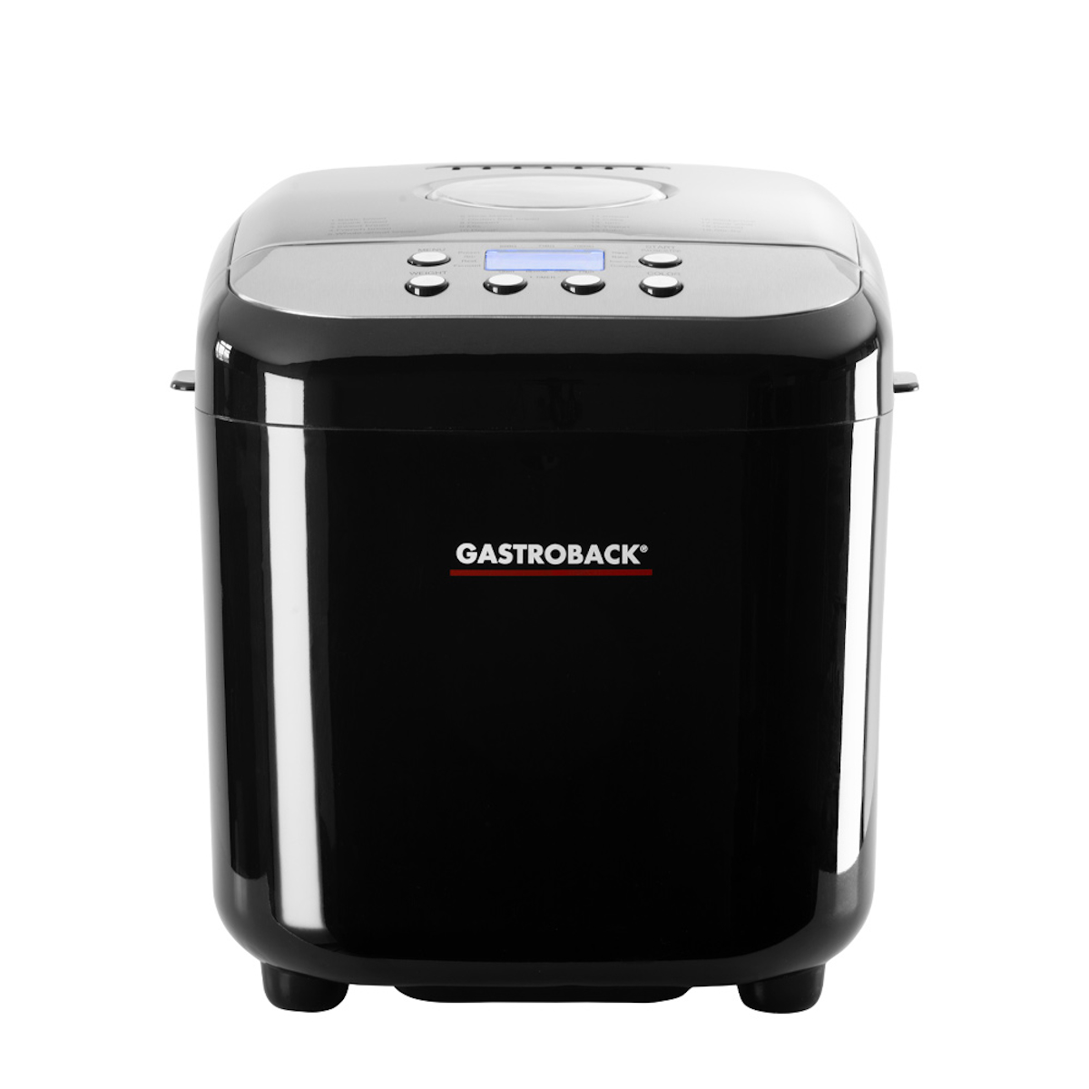 Schwarze Brotbackmaschine mit Digitalanzeige und Knöpfen auf weißem Hintergrund.