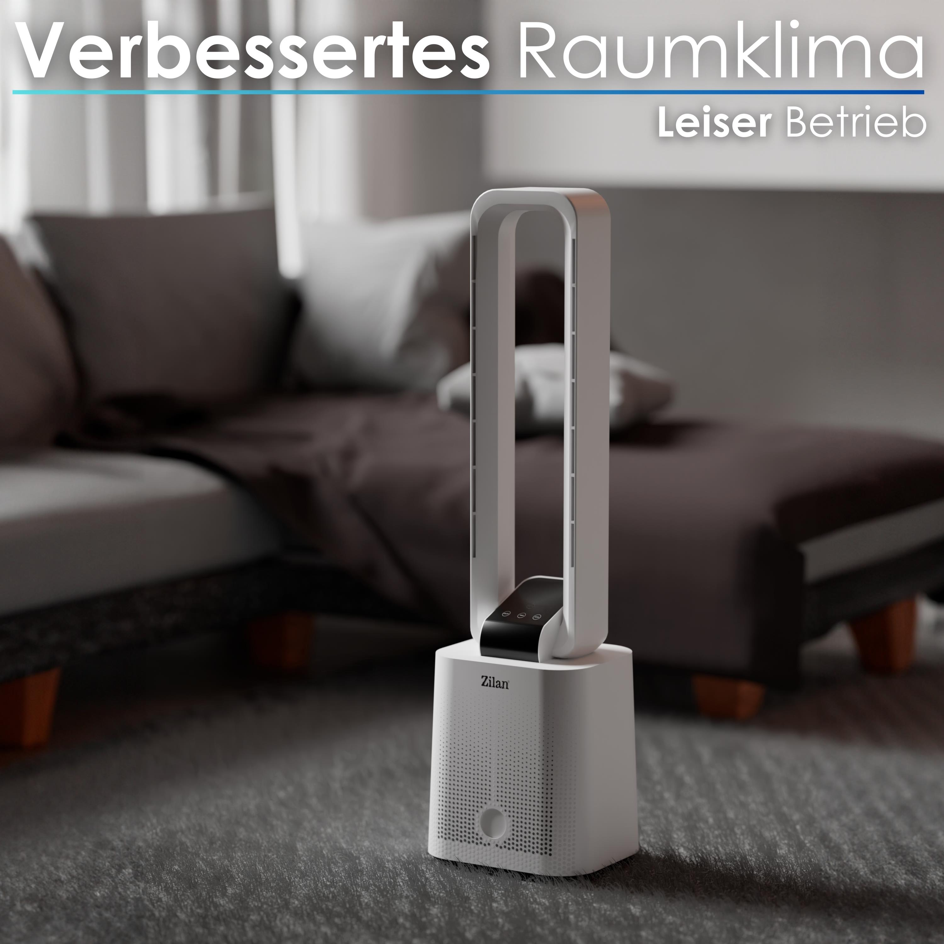 Weißer Turmventilator mit Digitalanzeige vor einem grauen Sofa in einem Wohnzimmer.