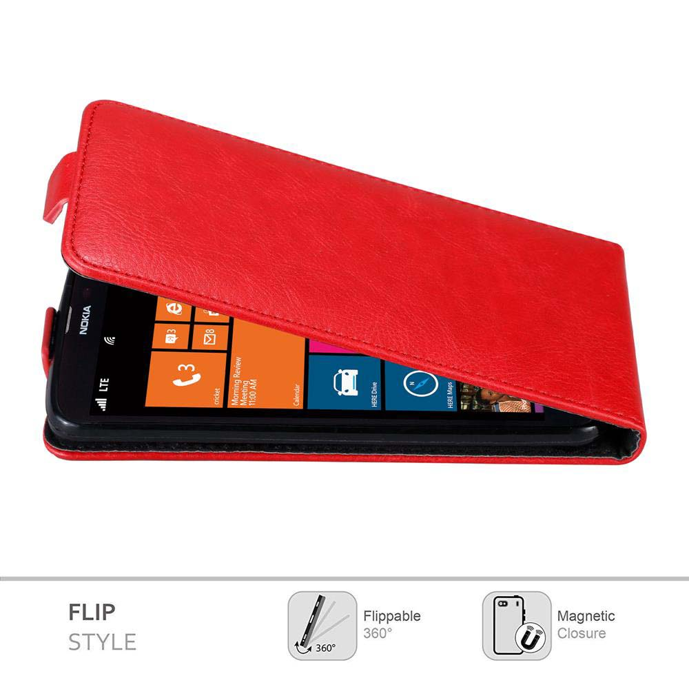 Rote Handyhülle offen mit Telefon darin. Der Telefonbildschirm zeigt Symbole.