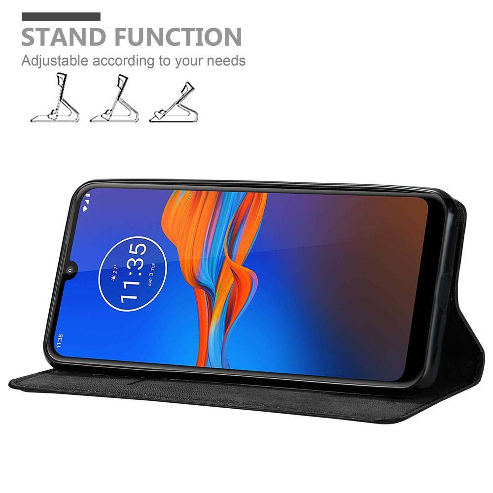 Telefon in schwarzem Gehäuse, mit blauem und orangefarbenem, abstraktem Design auf dem Bildschirm. Standfunktion.